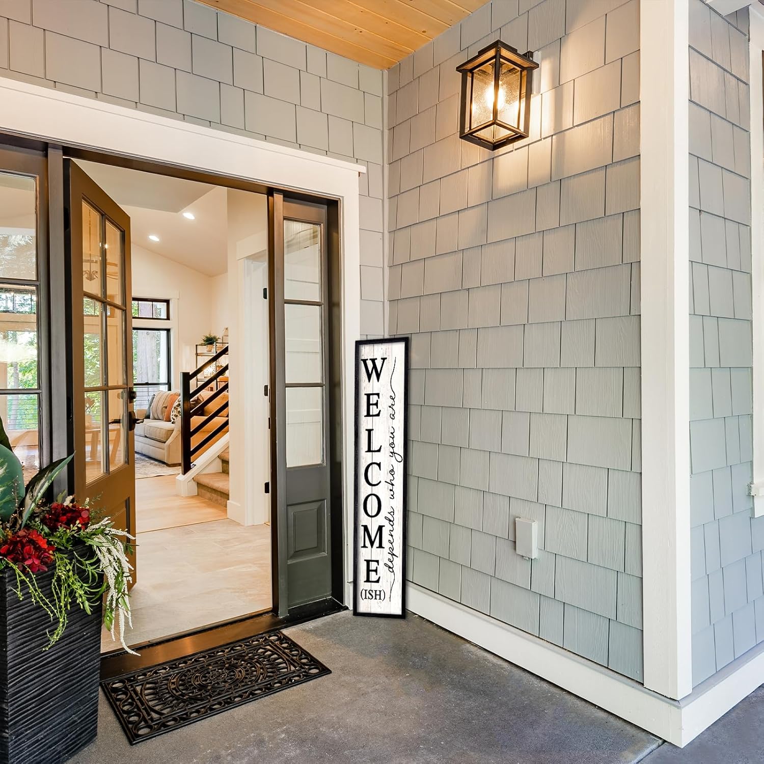 Welcome-ish Sign for Front porch Standing 45"X9" Wooden Frame Large Outdoor Welcome Front Door Tall Vertical Funny Signs Decor for Modern Rustic Farmhouse Home Outside Decorations (Black)