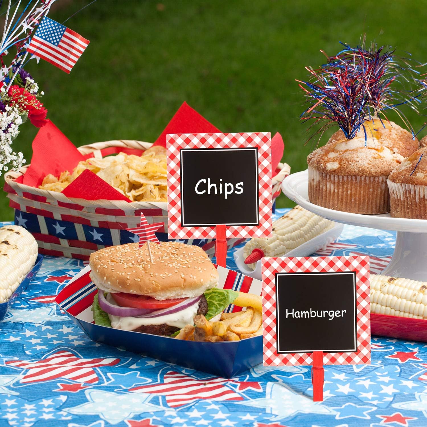 Outus 20 Pieces Mini Chalkboard Signs 3" Red Gingham Picnic Wooden Clips