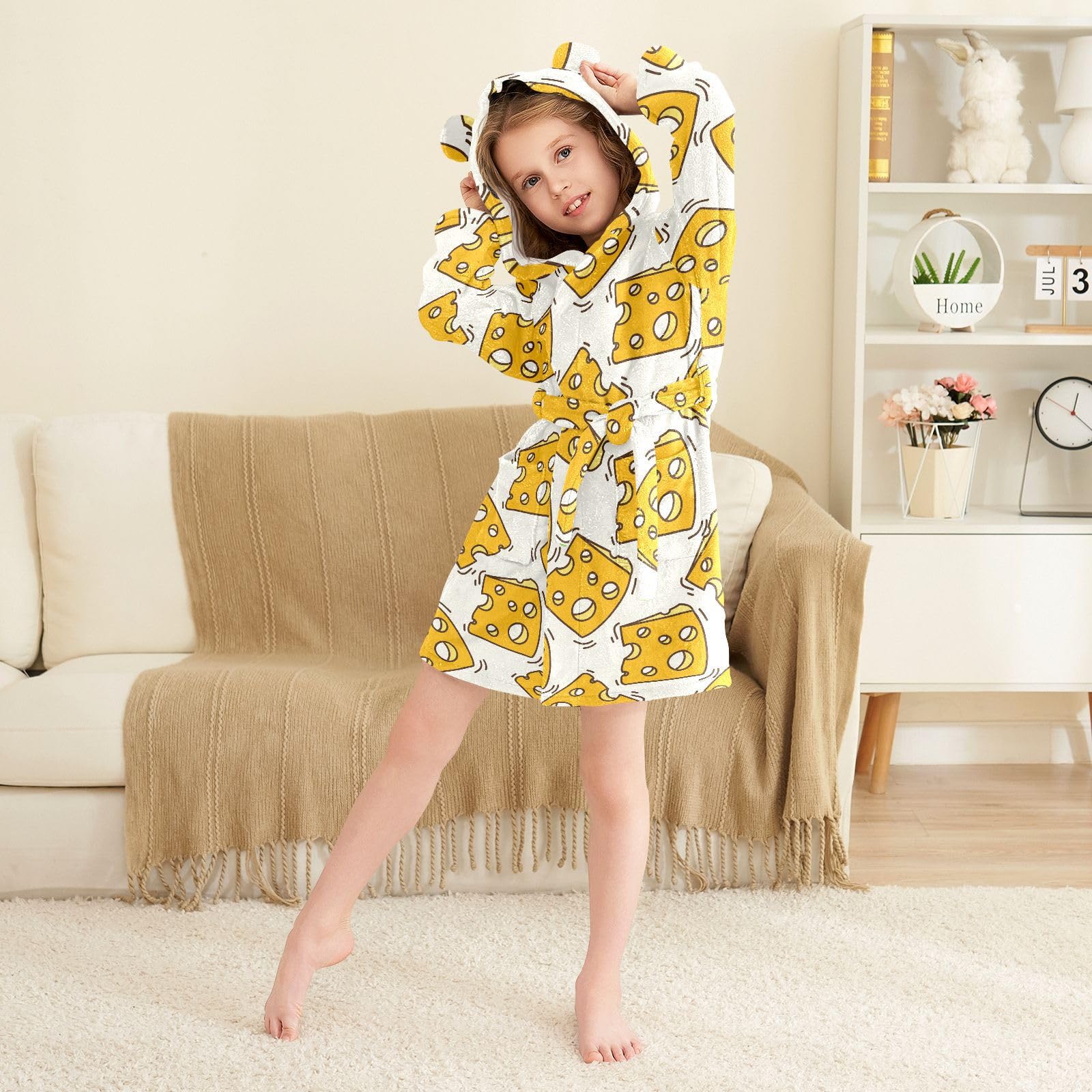 WIFIU Toddler Baby Hooded Bathrobe for Boys Girls Food Cheese Pattern Printed, Soft Plush Bath Towel Robe with 2 Pockets for 2-3 Years