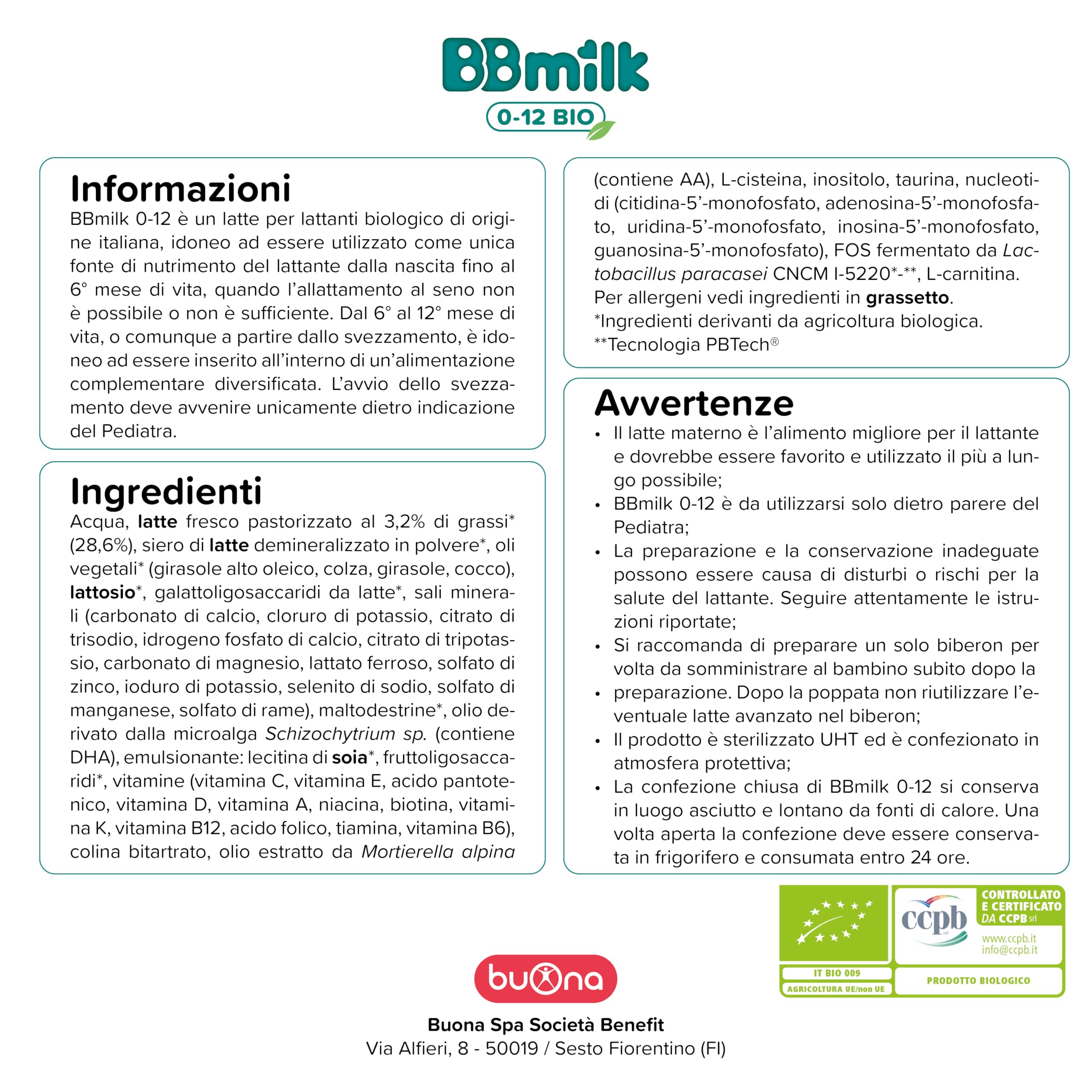 Buona BBmilk 0-12 Liquido, Latte Bio per Neonati 12x500ml, Indicato dalla Nascita fino ai 12 mesi, Qualora l’Allattamento non è Possibile o Sufficiente, Latte per Neonati Liquido Made in Italy