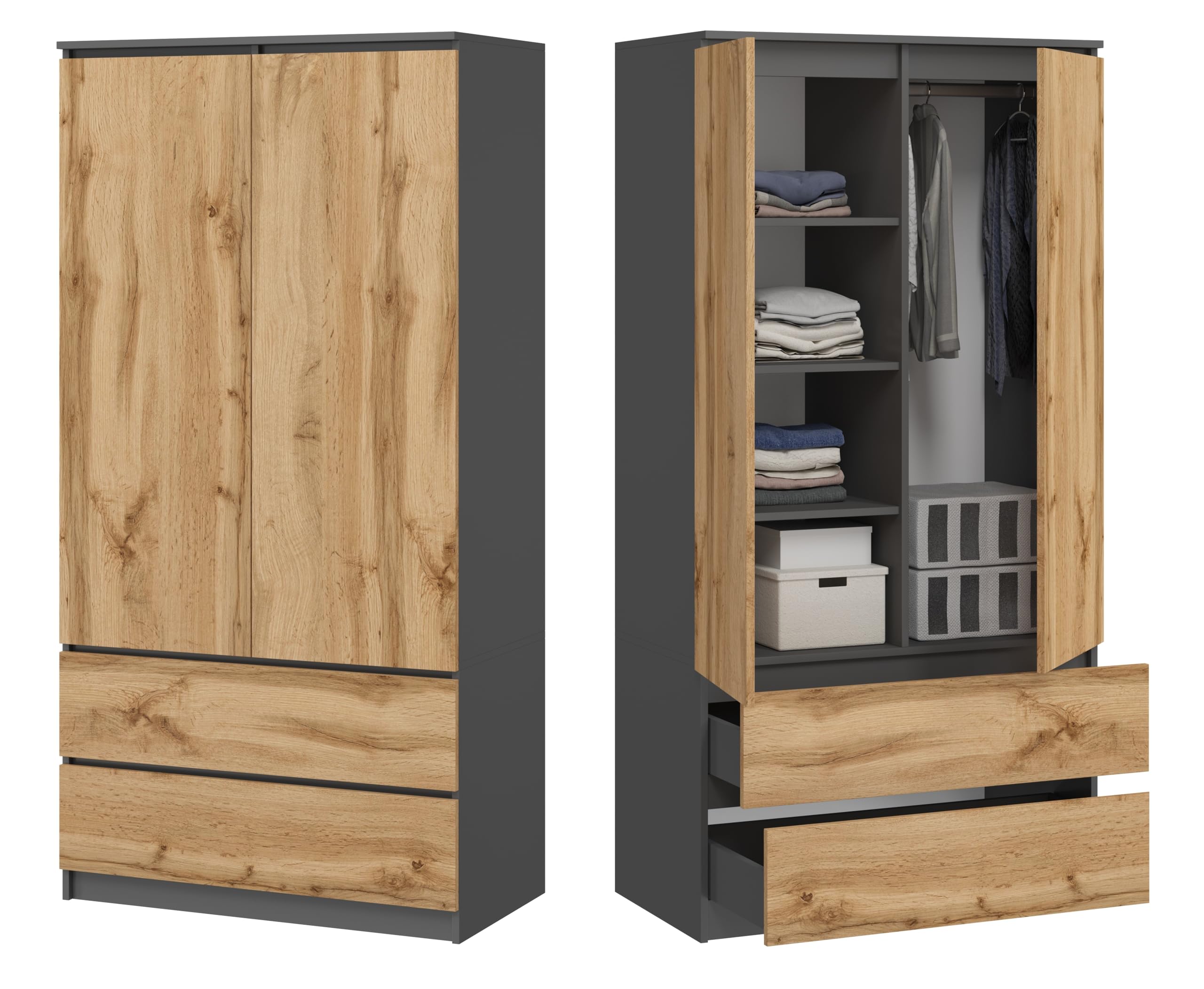 BDW Monia Armoire avec 2 portes et 2 tiroirs, mat, 4 étagères, guides à roulettes en métal, pour chambre à coucher, penderie, bureau (anthracite/chêne Wotan, 180 x 90 x 50 cm)