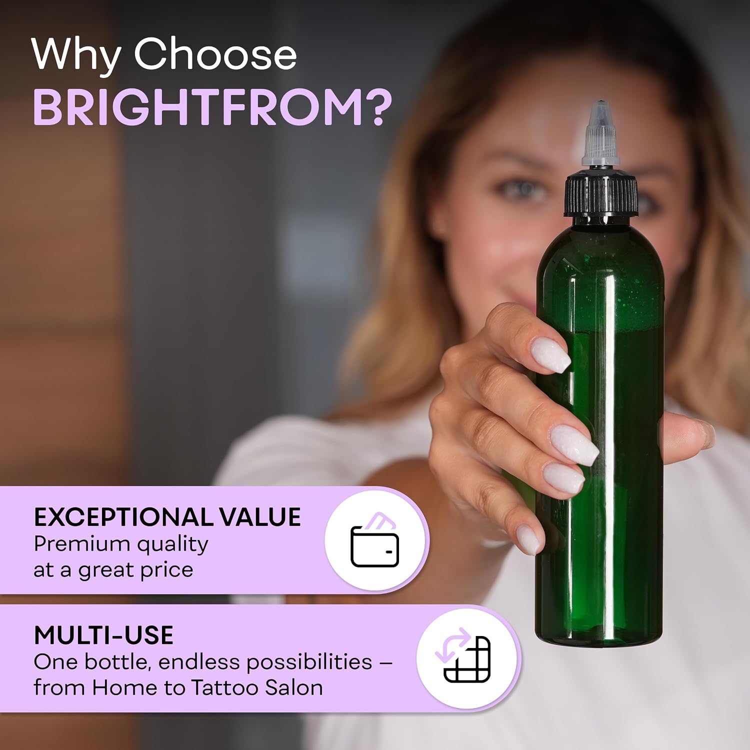 BRIGHTFROM Twist Top Applicator Bottles, 8 OZ Multicolored Squeeze Empty Plastic Bottles, Black Nozzle, BPA-Free, PET, Refillable, Open/Close Nozzle - Multi Purpose (4 Pieces)