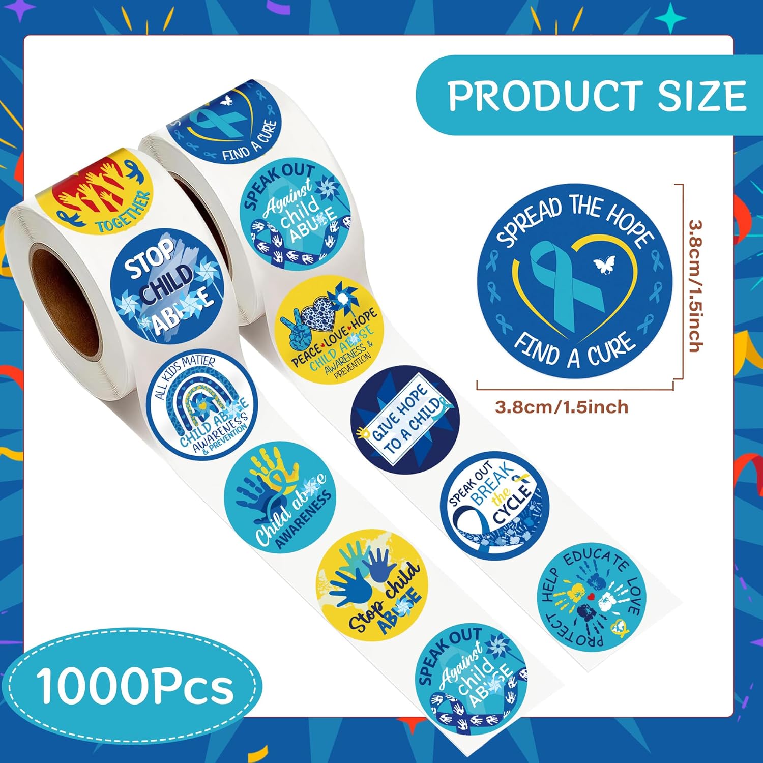 Child Abuse Awareness Stickers - 1000Pcs Child Abuse Prevention Month Decoration Sticker, Blue Pinwheel Ribbon Labels for Kids, Stop Child Abuse Decals for Charity Events, 16 Designs