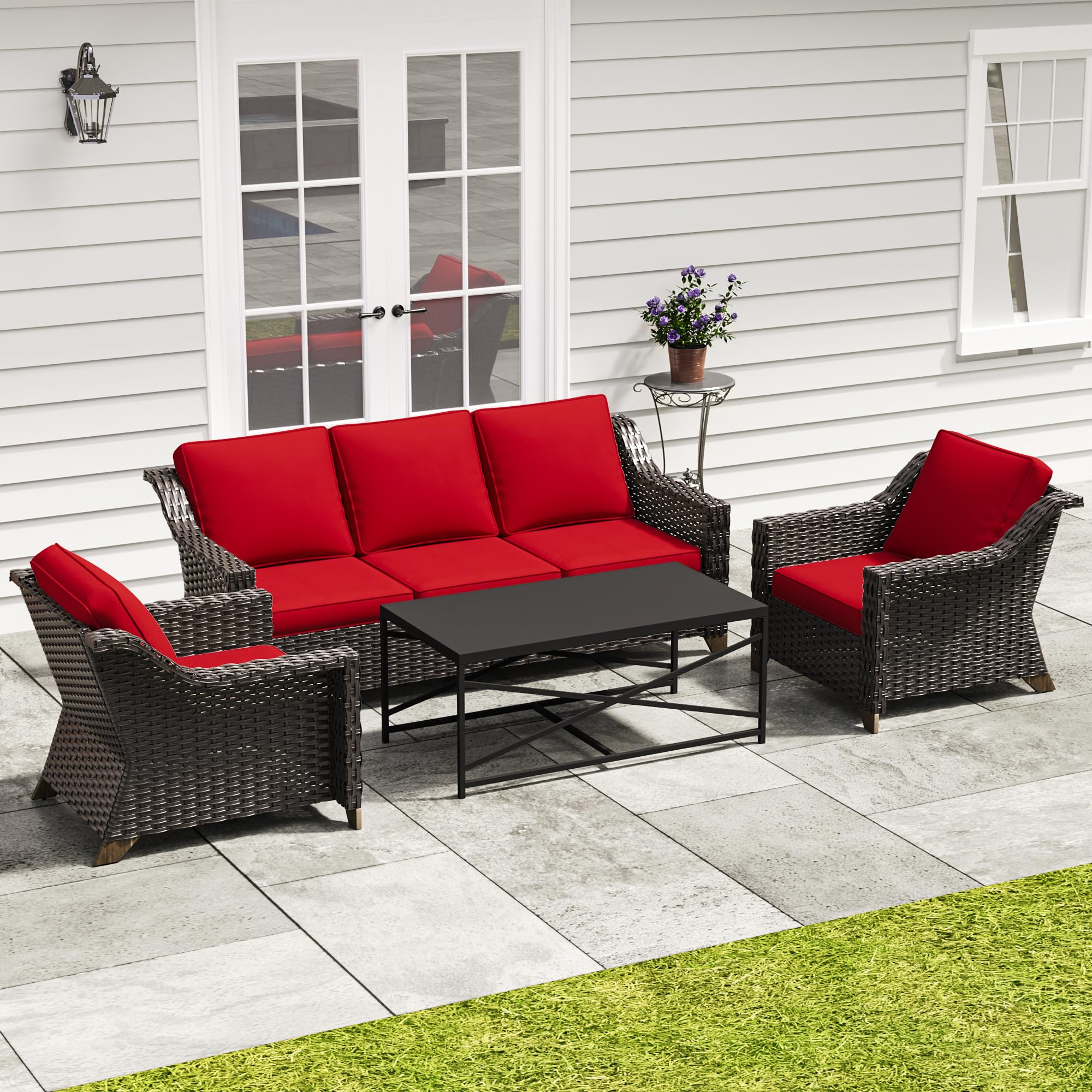 4 Piece Patio Furniture Set, Wicker Outdoor Conversation Set