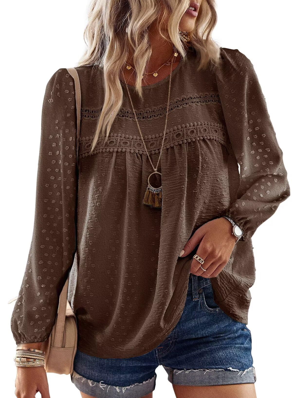 TUUHAW Langarmshirt Damen Boho Top Oberteile Fließend Elegant Frühling Herbst Tunika Rundhals T Shirt Süß Lässig Outfits Spitze Winter Kleidung