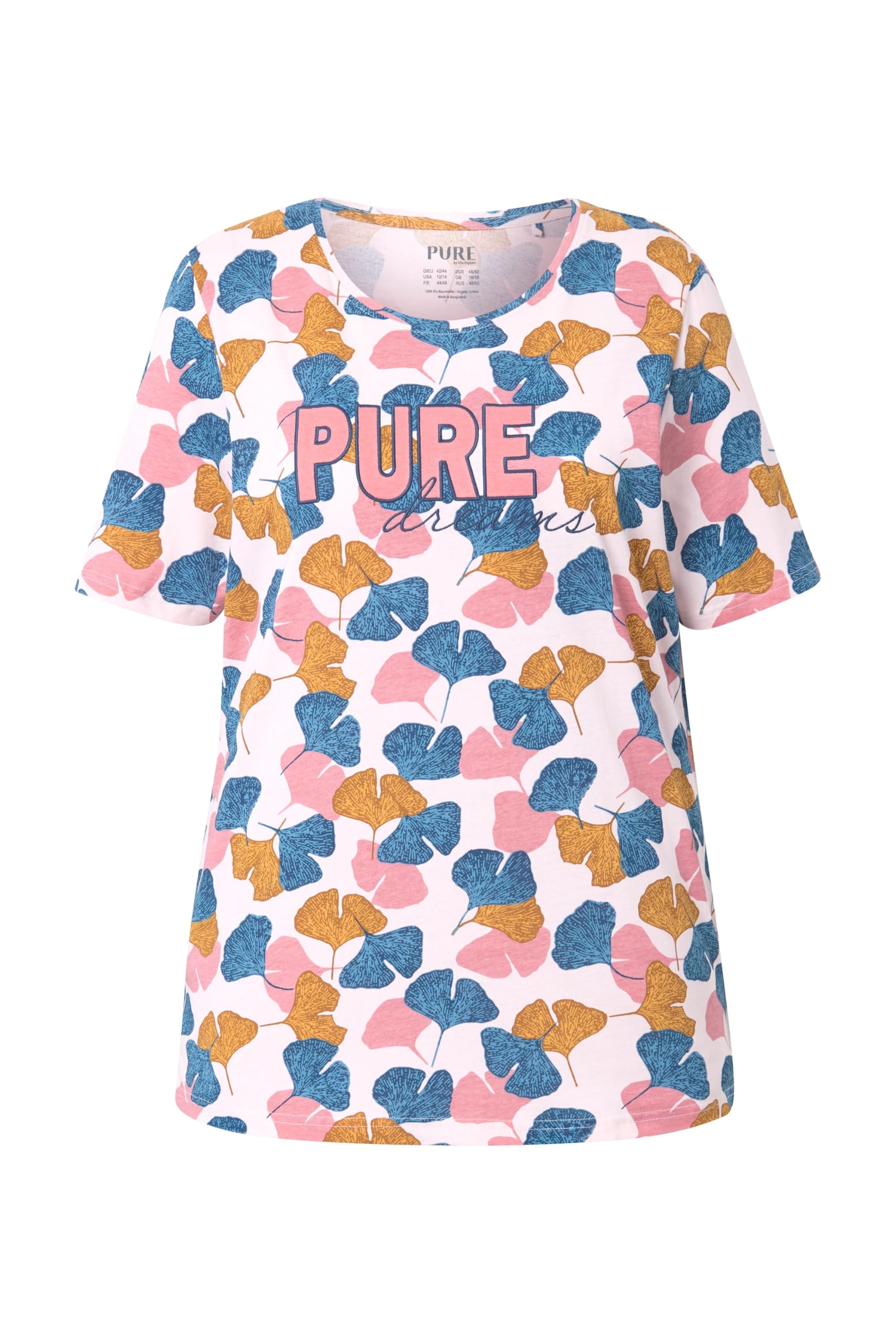 Ulla Popken Femme Grandes Tailles T-Shirt de Pyjama, Ginkgo, col Rond, Manches Courtes, Coton Bio 840503