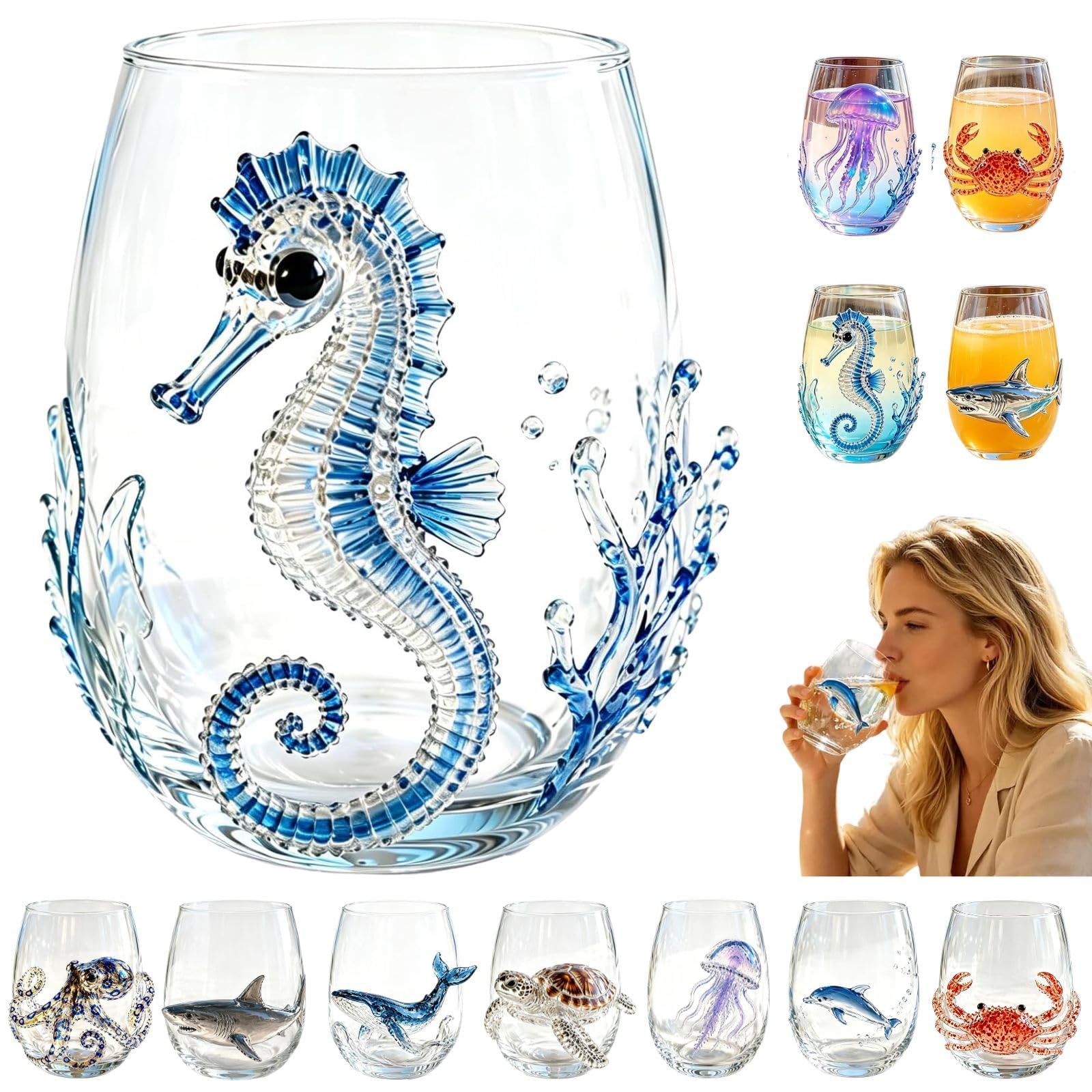 ByteCraft Artisanal Blue Ringed Octopus Glassware, Artistic 3D Octopuses Stemless Wine Glasses, Handcrafted Marine Animal Bar Glass, Coastal Home Decor Gift for Ocean Lovers (Seahorse)