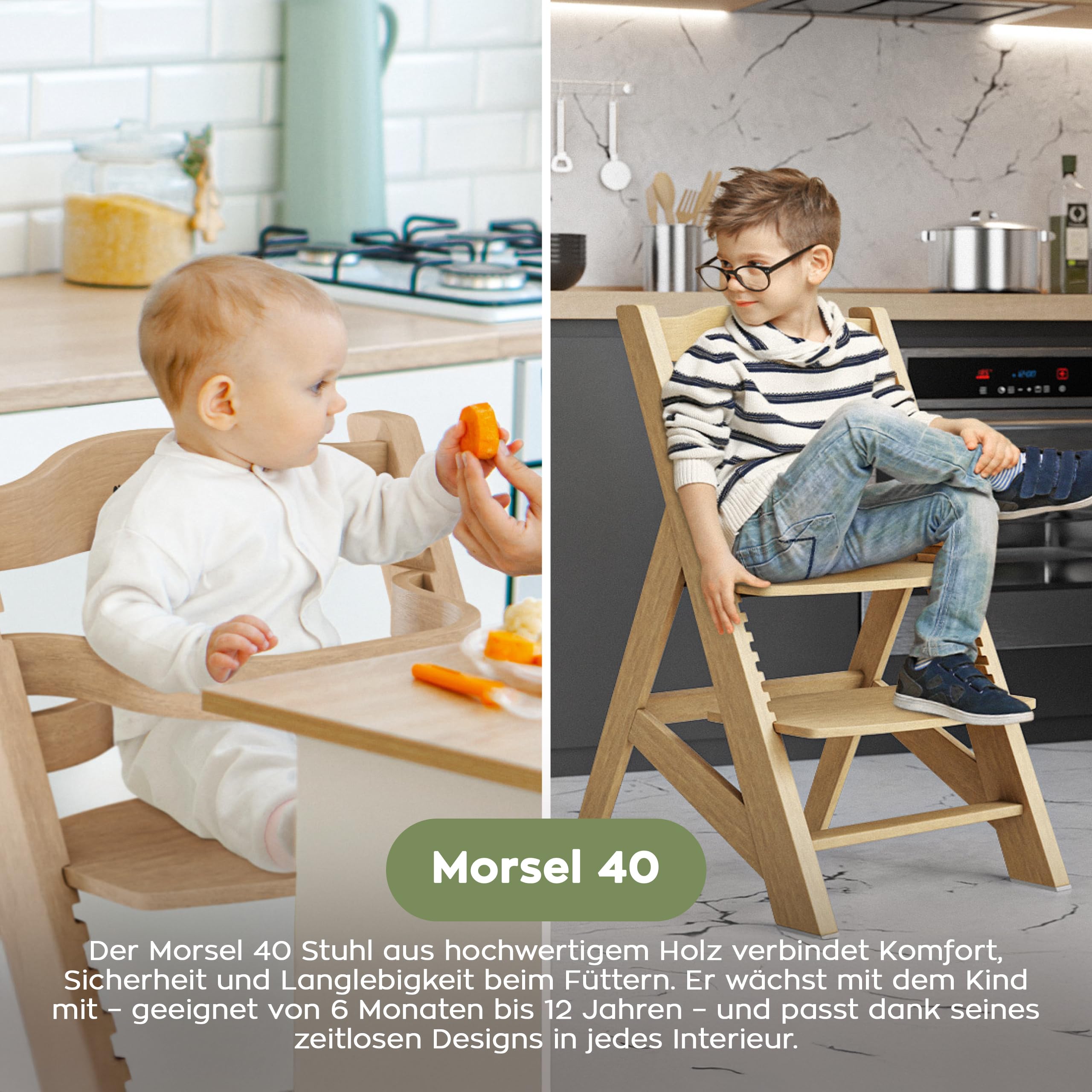 Tulano Morsel 40 Kinderhochstuhl Holz – Mitwachsender Hochstuhl Baby 4in1 – Hochstuhl mit Tisch – 11-fach Verstellbar – Für Kinder ab 6 Monate bis 12 Jahre – Belastbar bis 40 kg – Eiche Natur