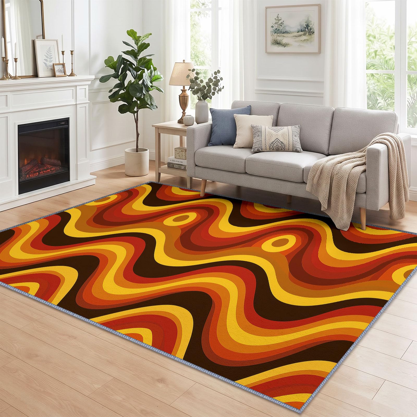 Générique Rayures Ondulées Abstraites Orange-Brun Tapis Salon 80 x 150 cm, Lavable en Machine Antidérapant Tapis Vintage pour Chambre Descente de Lit Salle a Manger Bureau
