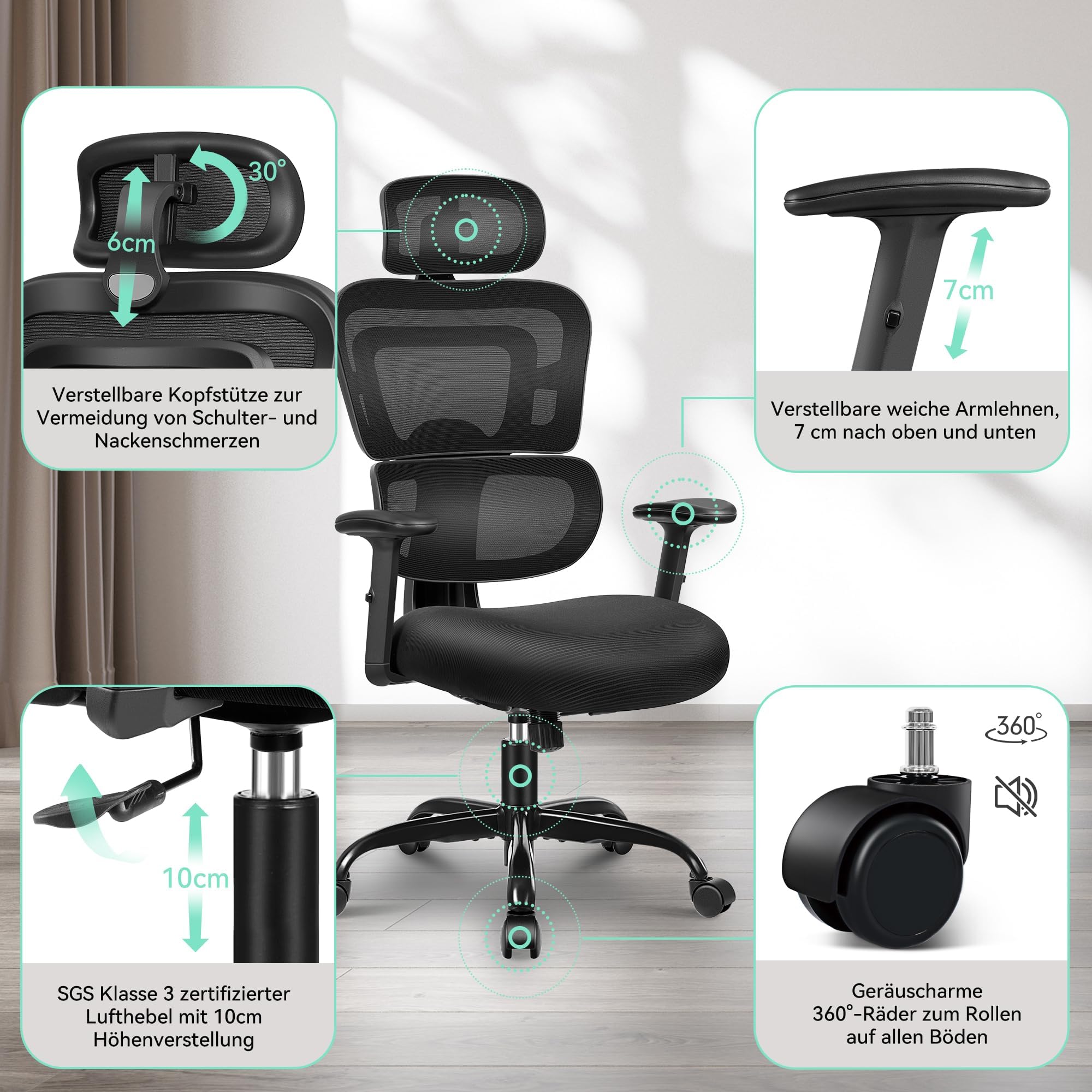 Sedia da ufficio, ergonomica, multifunzionale, in rete, per scrivania, 3D, poggiatesta e braccioli, regolabile in altezza, supporto dinamico, 150 kg, colore: nero
