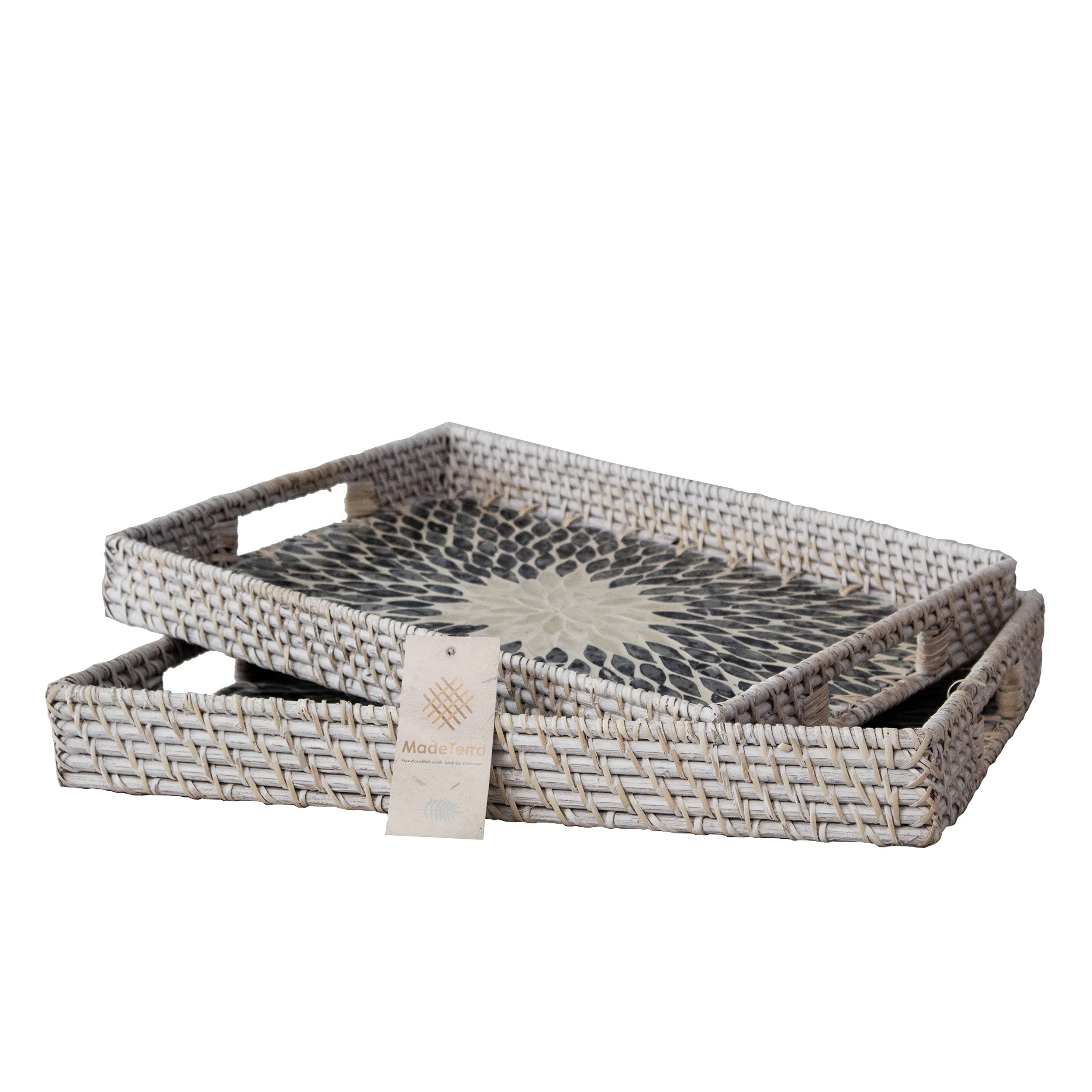 Buy Set 2 Pack Rectangular Rattan Wicker Tray with Mother of Pearl