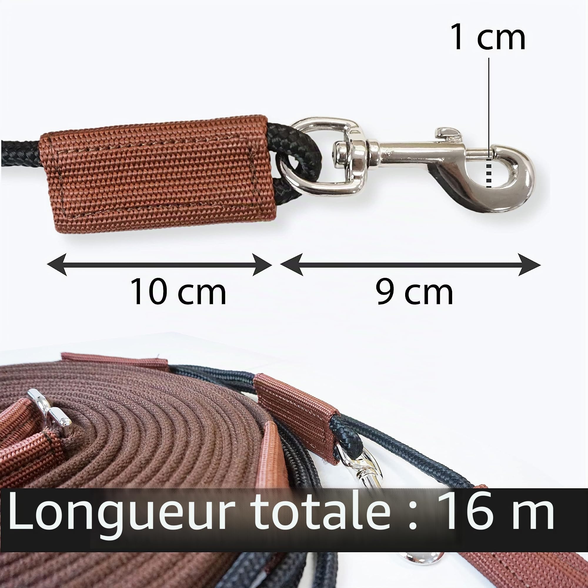 Laisse double longe pour cheval, idéale pour le travail au sol, pour la gymnastique, longueur : 16 m (1 double longe marron)