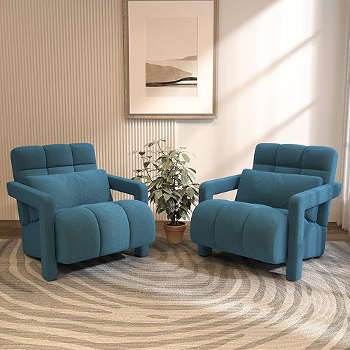 Modern Accent Chair Set of 2, Upholstered Armchair with Waist Cushion, Lounge Side Chair Single Sofa, Linen Fabric Comfy Reading Chair for Living Room Bedroom Apartment, Teal