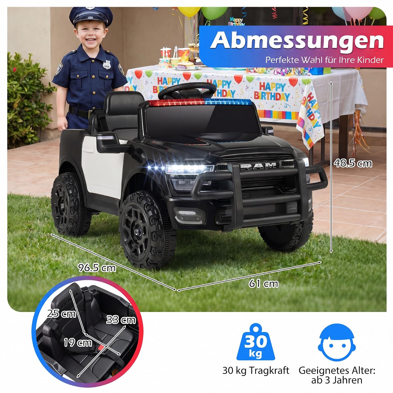 COSTWAY 12 V Kinder Elektroauto, Polizei Kinderauto mit Fernbedienung | Kinderfahrzeug mit Sirene, Blaulicht, Hupe & Sicherheitsgurt, Elektrofahrzeug für Kinder ab 3 Jahren, für drinnen & draußen