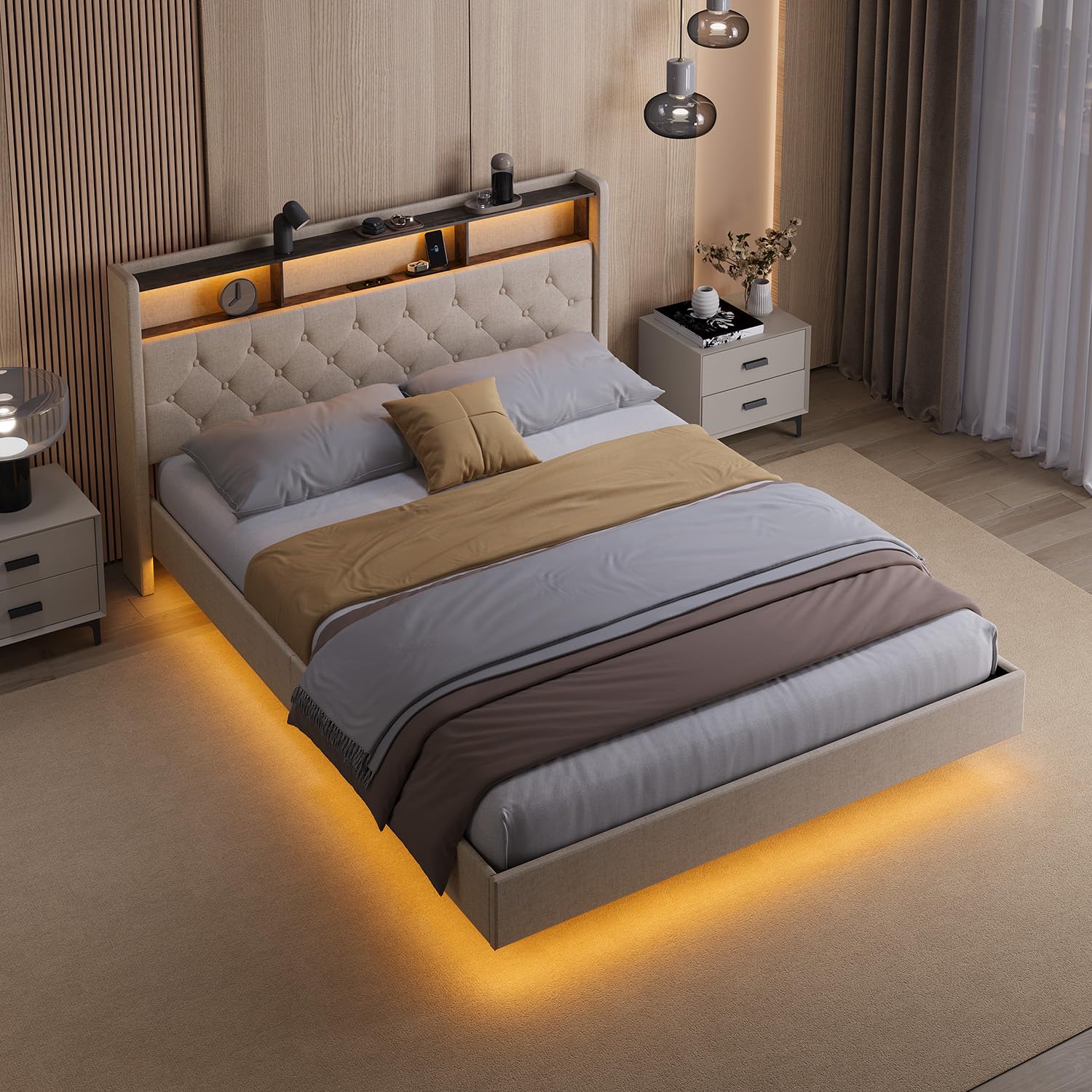 Xbro Letto Matrimoniale 140x200 Fluttuante LED RGB con Prese TYPE-C