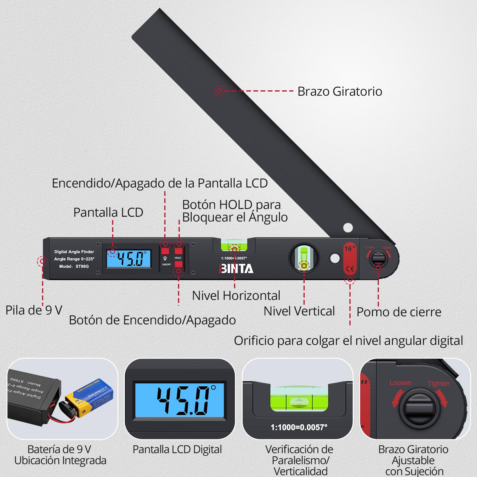 BINTA Buscador de Ángulo Digital con Rango de 0-225°/400mm | Medidor de Ángulos LCD Retroiluminado Herramienta con Doble Horizontal/Vertical para Carpintería, Bricolaje (Negro)