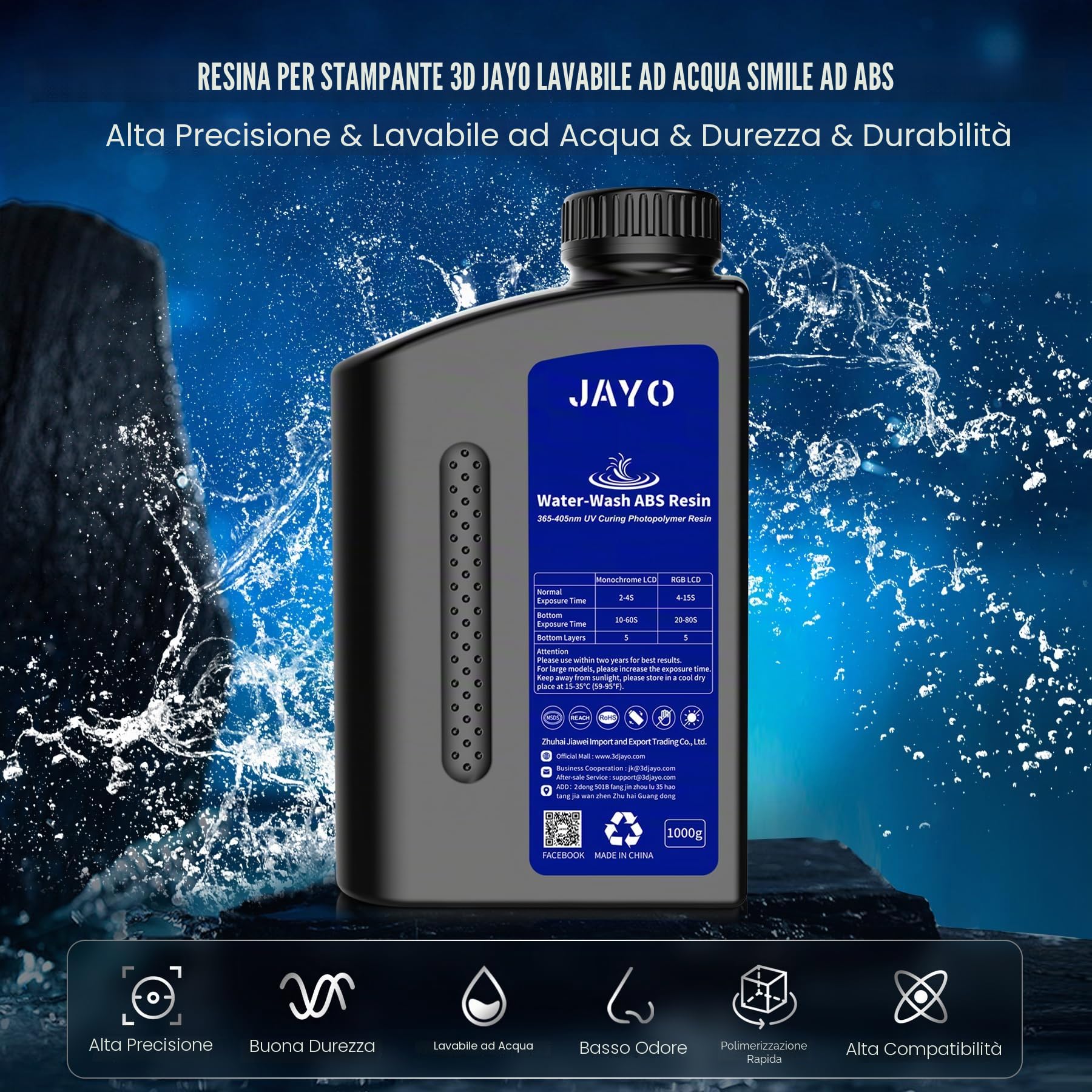 JAYO Resina Lavabile in Acqua ABS-Like 3KG, Resina per Stampante 3D 405nm UV Standard Resina Fotopolimerica Rapida per Stampante 3D LCD/DLP/SLA, Alta Precisione, Non Fragile, Basso Odore, Grigio Scuro