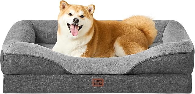 EHEYCIGA Orthopedic Dog Bed Large, 91x68x18cm Memory Foam Dog Couch with Sides and Waterproof Liner, Pet Sofa with Washable Removable Cover and Non-Slip Bottom, Grey