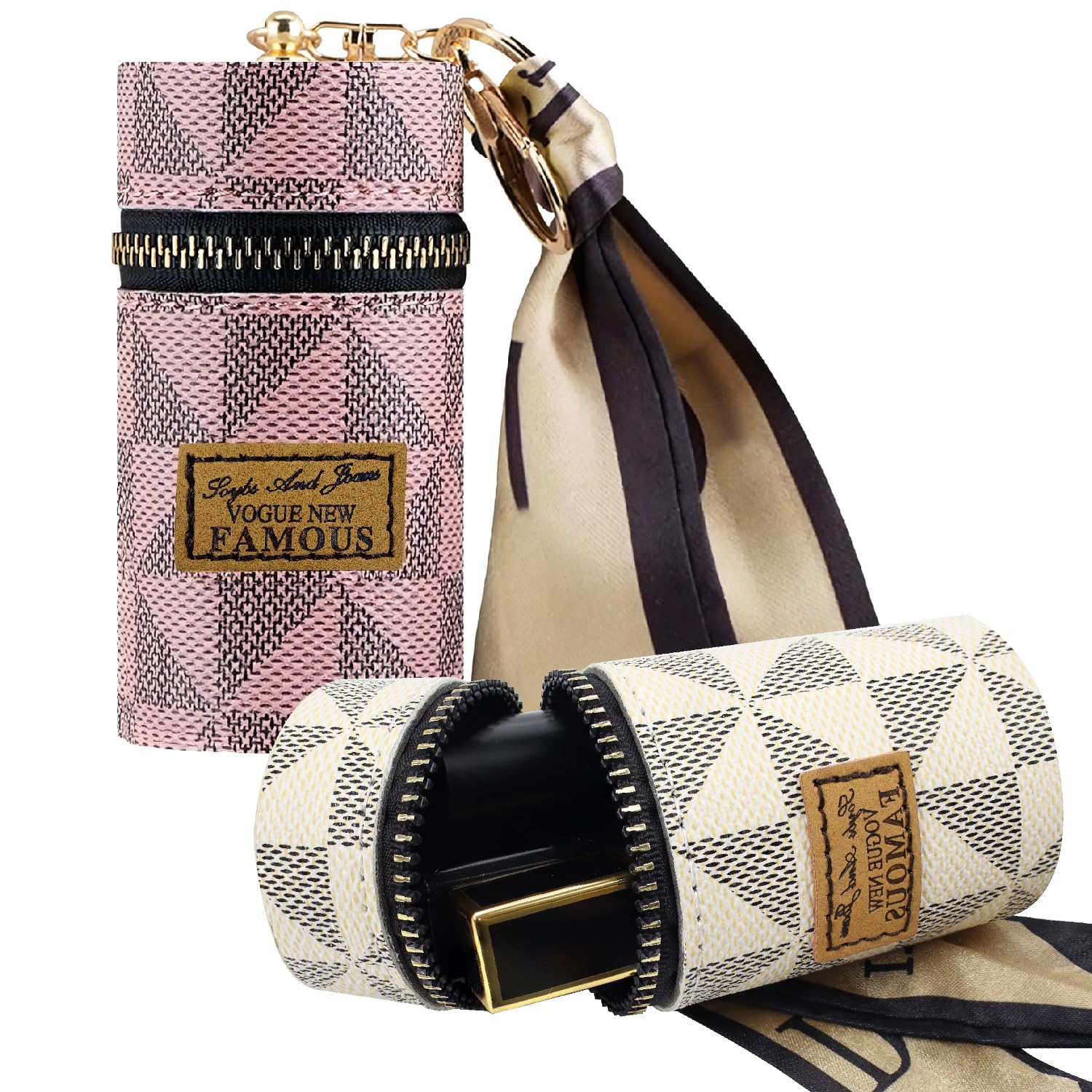 Jaxbo 2 Pcs Lipstick Organizer,Fashion Leather Lip Gloss Lipstick Organizer, Portable Lipstick Bag with Alloy Zipper for Lip Gloss, Purse,Mini Perfume, leather lipstick bag