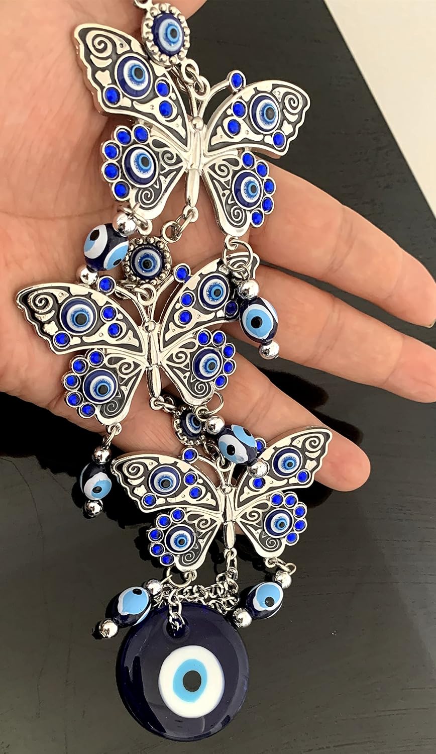 Turkish Blue Evil Eye with Butterflies Design Wall Hanging Amulet Home Office Ornament Gift ( with a Betterdecor Pouch)