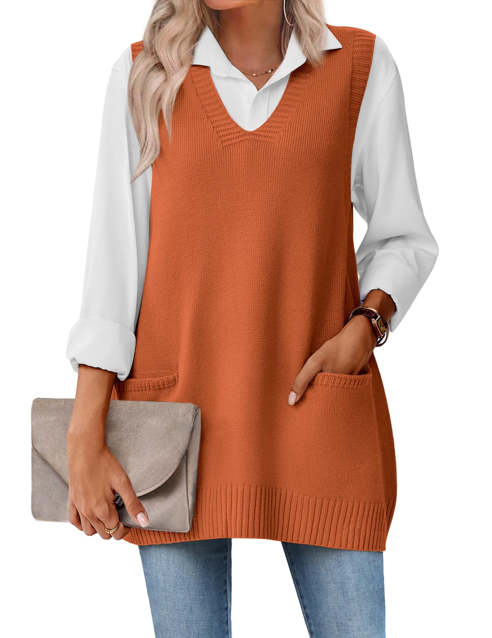 Zeagoo Womens Sweater Vest 2026 Oversized Sleeveless V Neck Pullovers with Pocket Knitted Fall Outfits