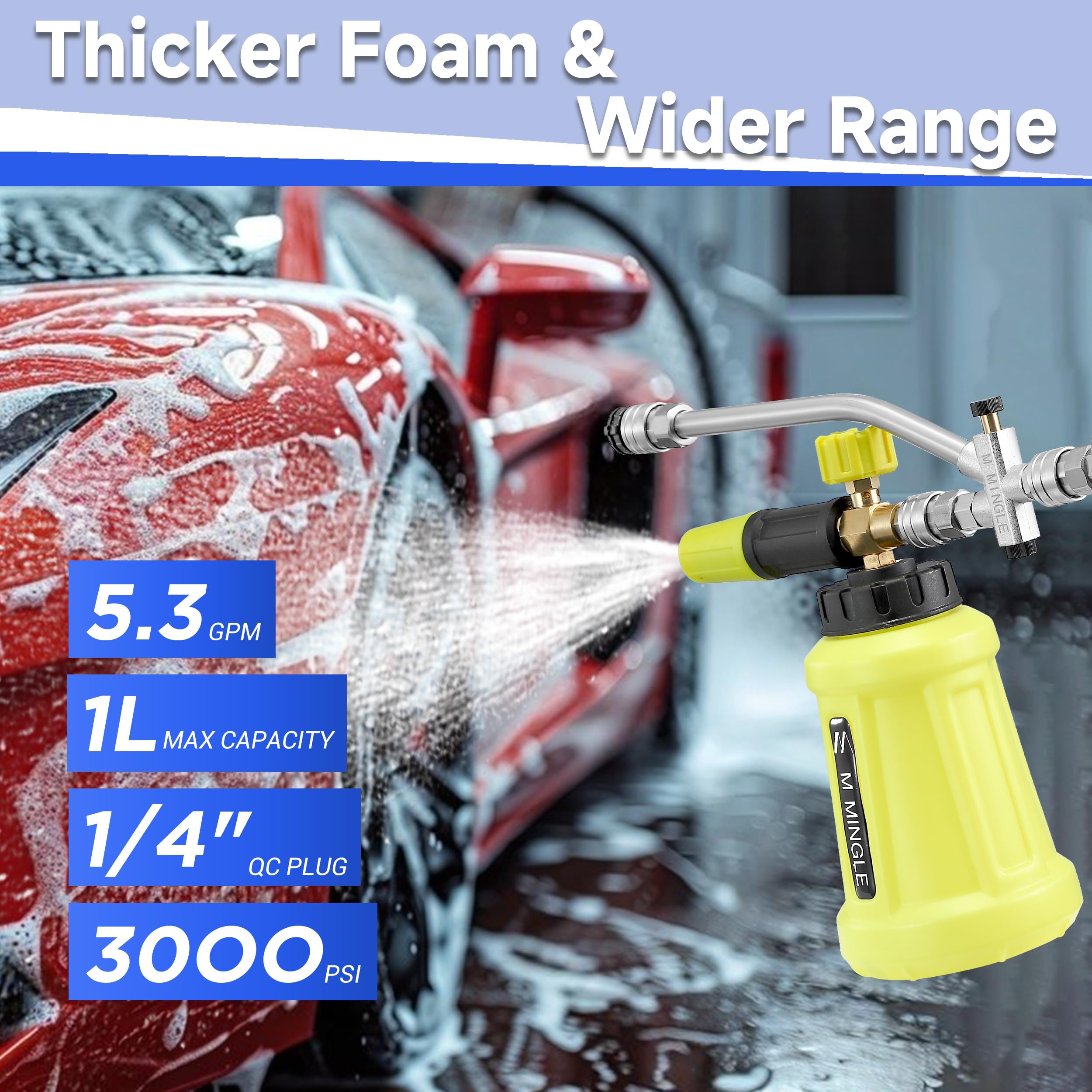 M MINGLE Lancia schiuma a doppio connettore, compatibile con Karcher K2-K7 | Jet Wash Foam Cannon Ricambio e Adattatore, 5 Ugelli Idropulitrice, 0,6 cm Quick Connect