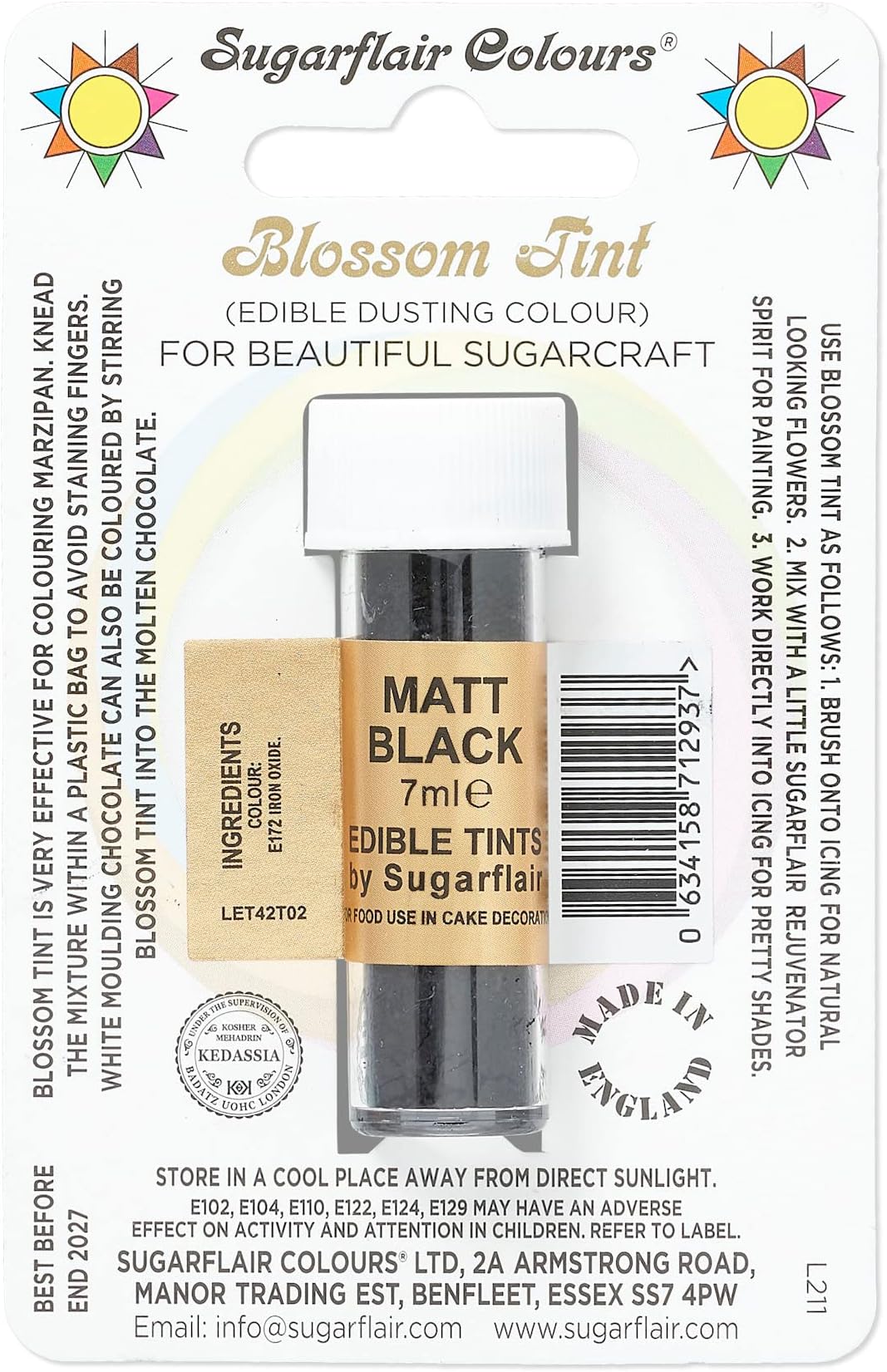 Sugarflair Blossom Tint Matt Black Food Colouring and Dusting Powder, Matt Finish, Brush On or Mix with Rejuvenator Spirit to Create a One of A Kind Cake - 7ml