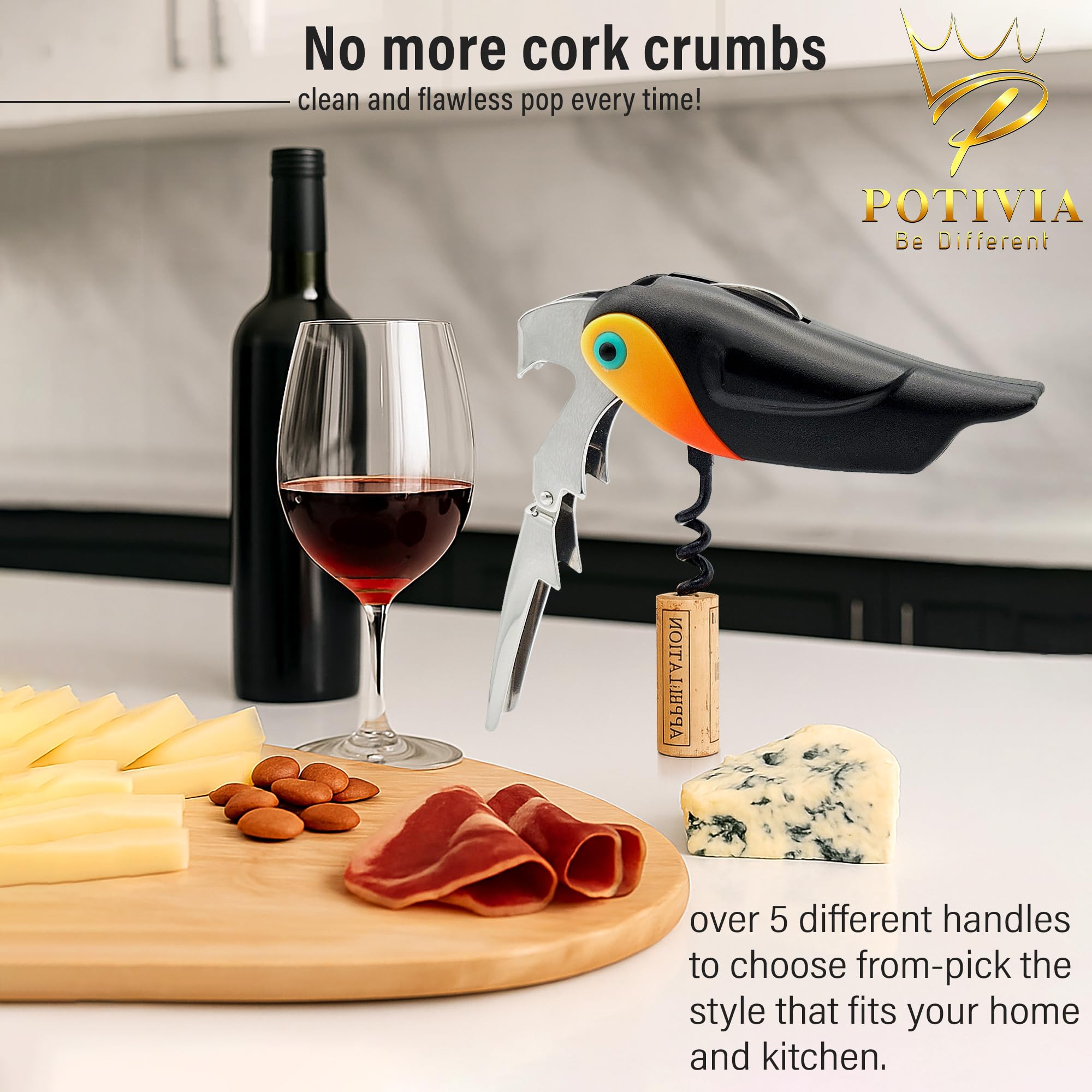 Sacacorchos para camarero, llave de vino profesional para camareros y camareros con cortador de papel de aluminio, abrebotellas manual, doble bisagra, forma de pájaro 3 en 1, ergonómico para
