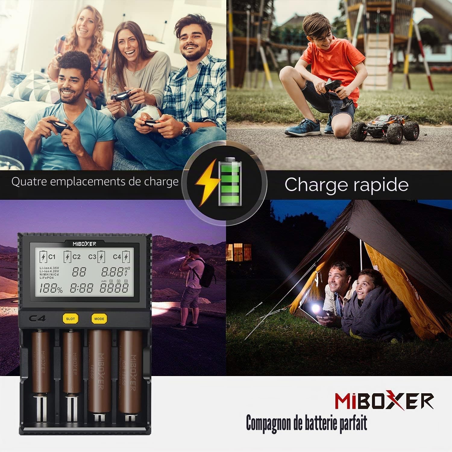 Chargeur de Batterie Universel, MiBOXER Smart Chargeur Universel 4 Baies, Écran LCD Automatique, Charge Rapide Rechargeable Li-ION LiFePO4 Ni-MH Ni-CD AA AAA C 18350 18500 18700 20700 21700 26650