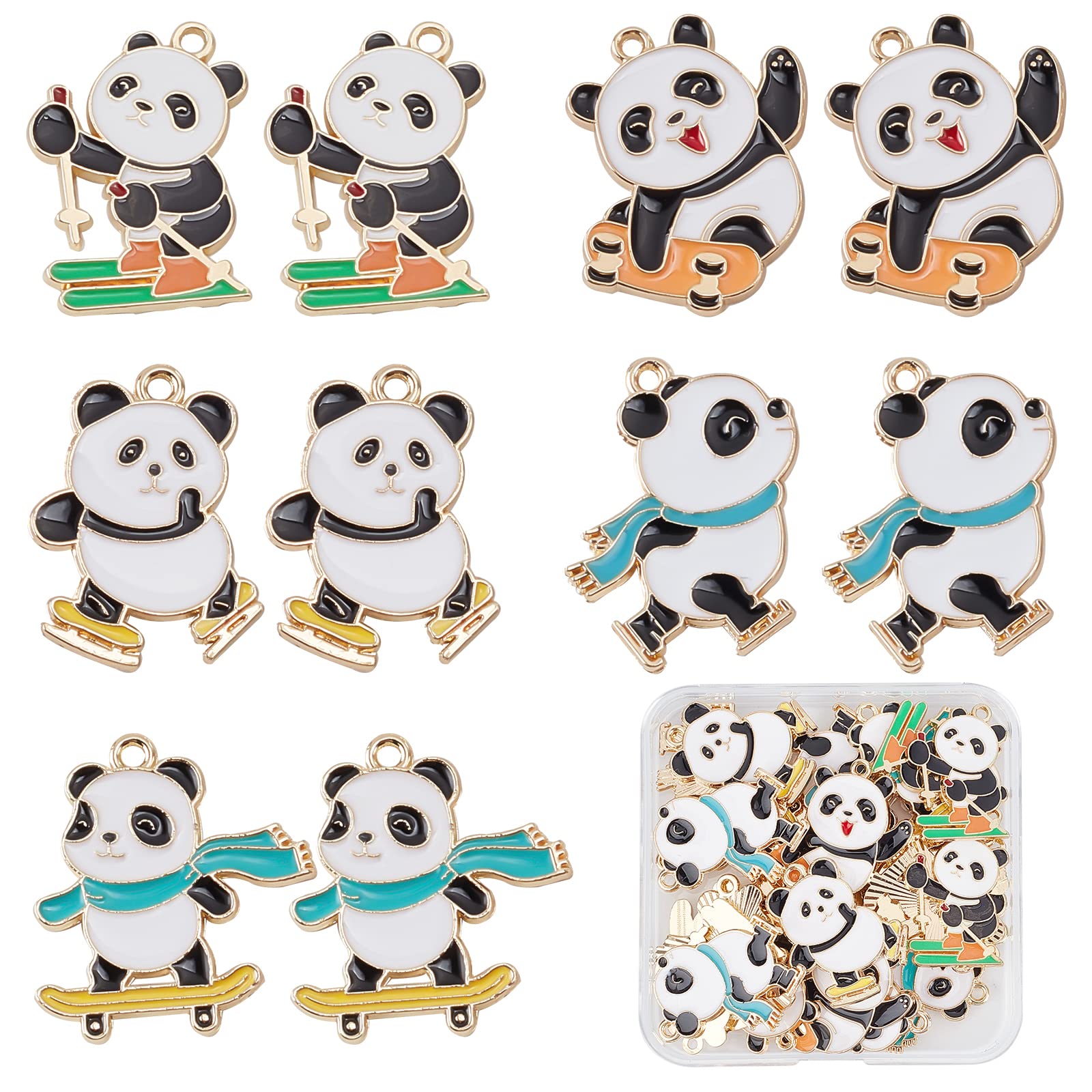 SUNNYCLUE 1 Box 30Pcs 5 Styles Panda Charms Cute Animal Charm Bulk Alloy Metal Enamel Bear Sports Charm for Jewelry Making Charms Supplies DIY