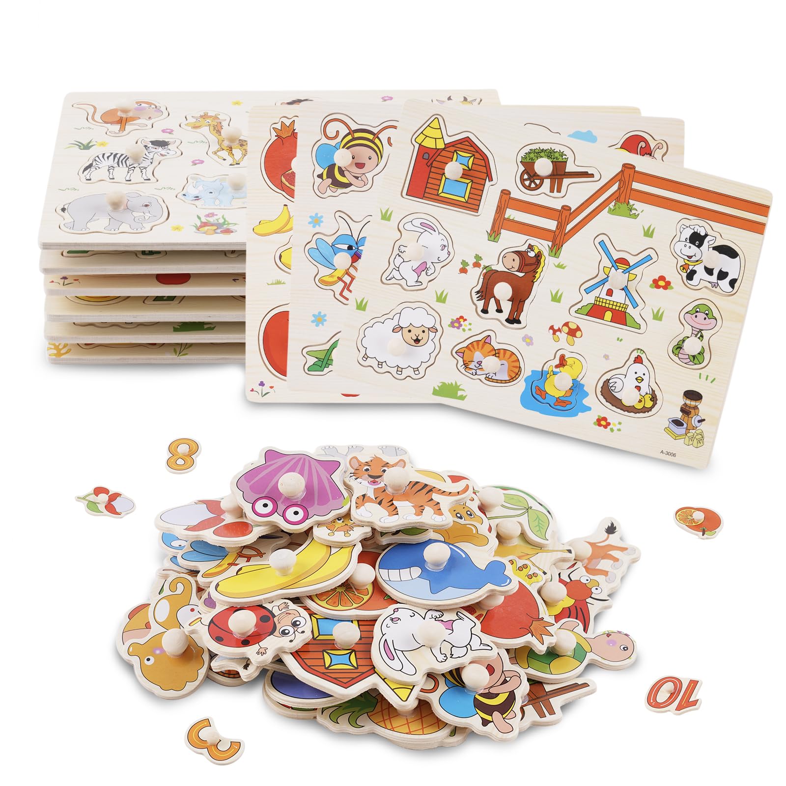 Puzzle con Bottoni in Legno per Bambini, 6 Pezzi Montessori Puzzle, Giocattolo Educativo Regalo per Bambini Ragazzi Ragazze