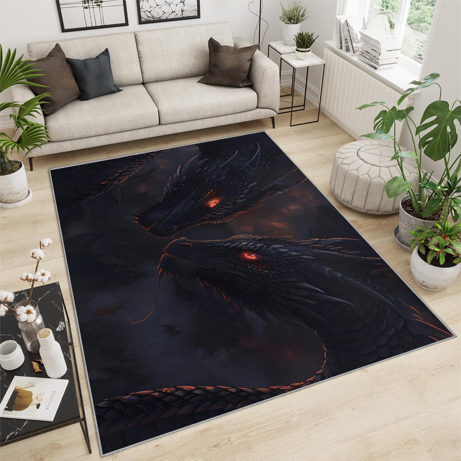SANSJI Evil Western Dragon Area Rug 180x270 cm - Non Slip Washable Fantasy Dragon Rugs for Bedroom, Magic Animal Design Indoor Carpet for Kids, Soft & Resistant Floor Decor