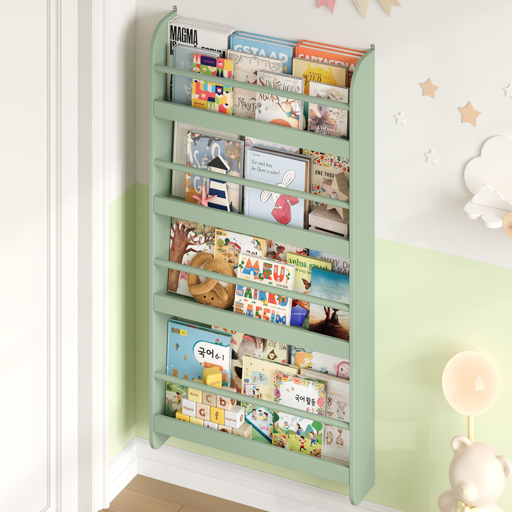 FOREHILL Estantería Infantil Pared, Estantería Infantil Libros, Librería Infantil Montessori, Madera, para Niños, 4 Estantes 111x58x12cm Verde