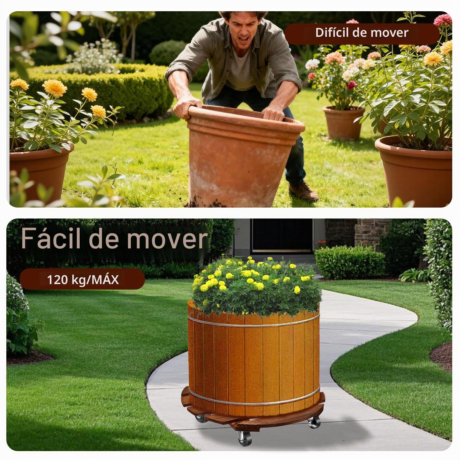 Juego de 2 Soportes para Plantas con Ruedas, Base Redonda de Madera de 30.5 cm, con Ruedas giratorias y bloqueables, Plantas Base Carretilla para Plantas, Interior Exterior Jardín Maceta