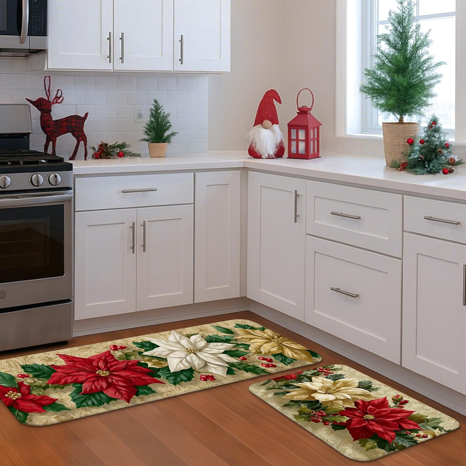 Poinsettia Kitchen Mats for Floor, Vintage Floral Soft Mats, Cushioned Comfort Washable Non Slip Decor Rugs for Kitchen Sinks Laundryroom Bathroom 2pcs