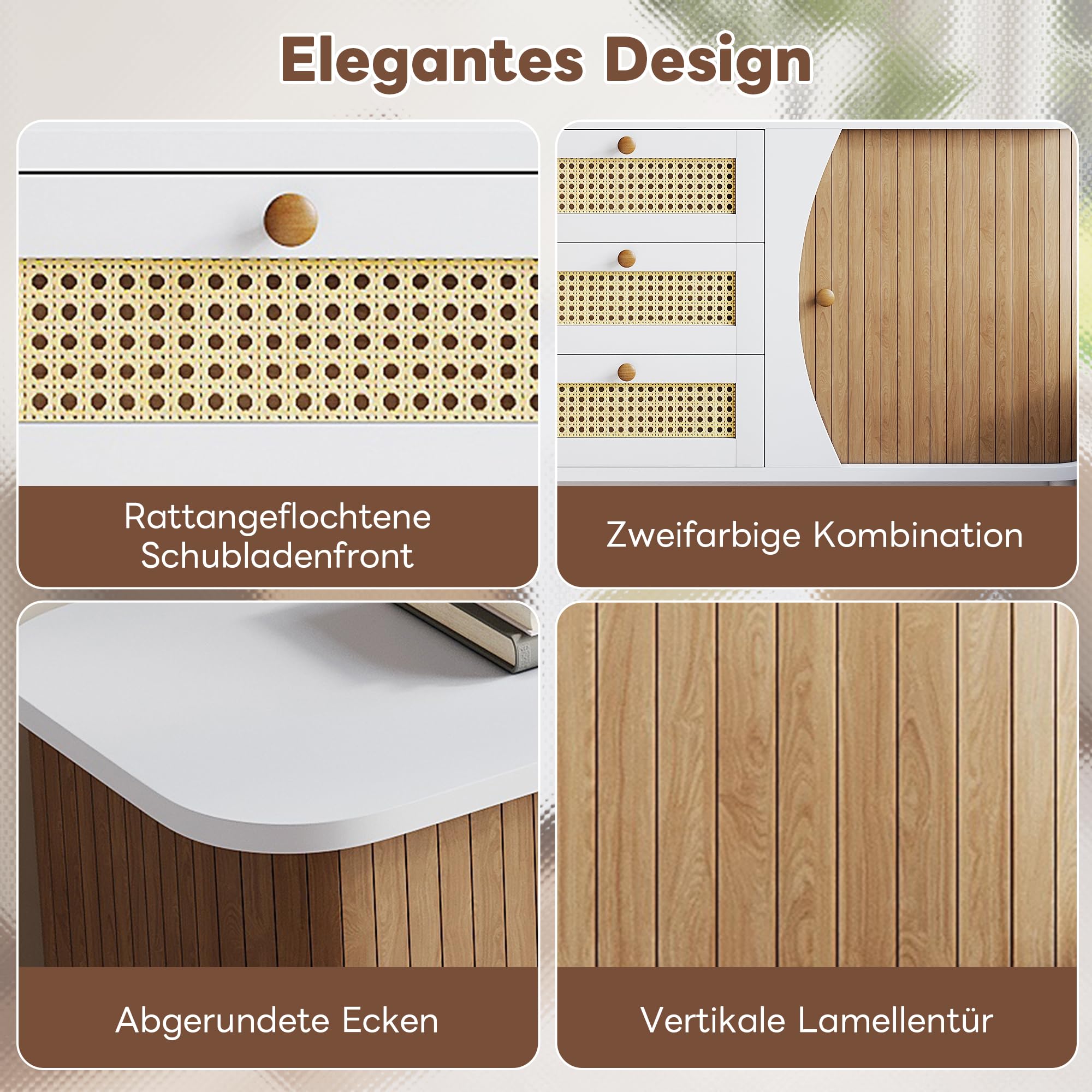 Cassettiera in rattan bianco, stile boho, 140,5 cm, con cassetti in rattan, design arrotondato, per soggiorno, sala da pranzo, corridoio