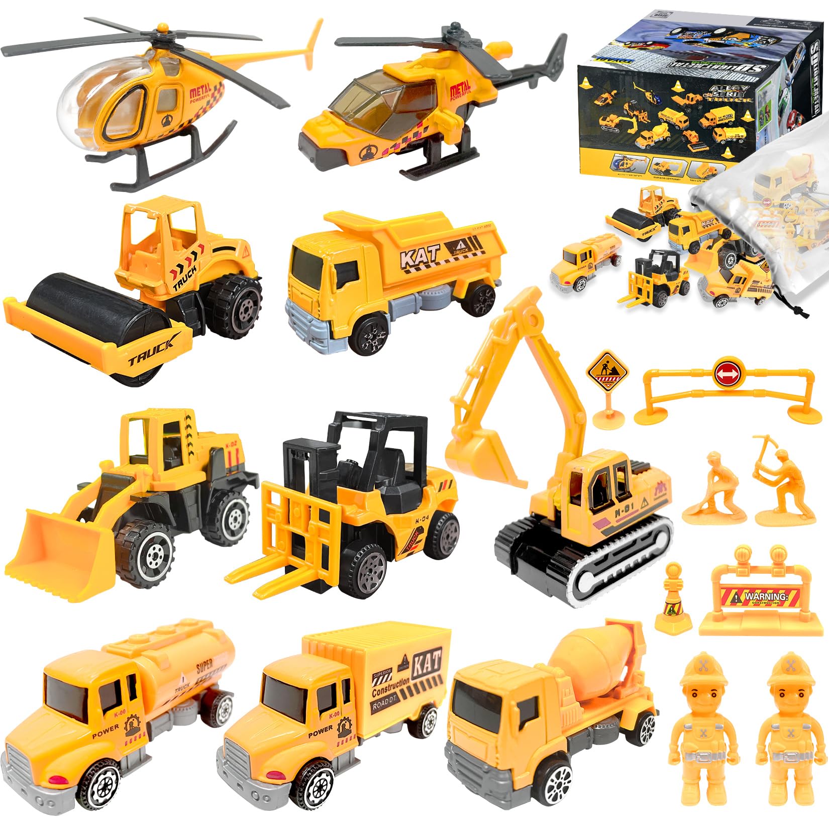 TOYABI Macchinine per Bambini, Micro Machines, Set di 18 veicoli da costruzione con dumper/aereo/blocco stradale ecc., Auto in lega pressofusa per ragazzi & ragazze dai 3 anni in su