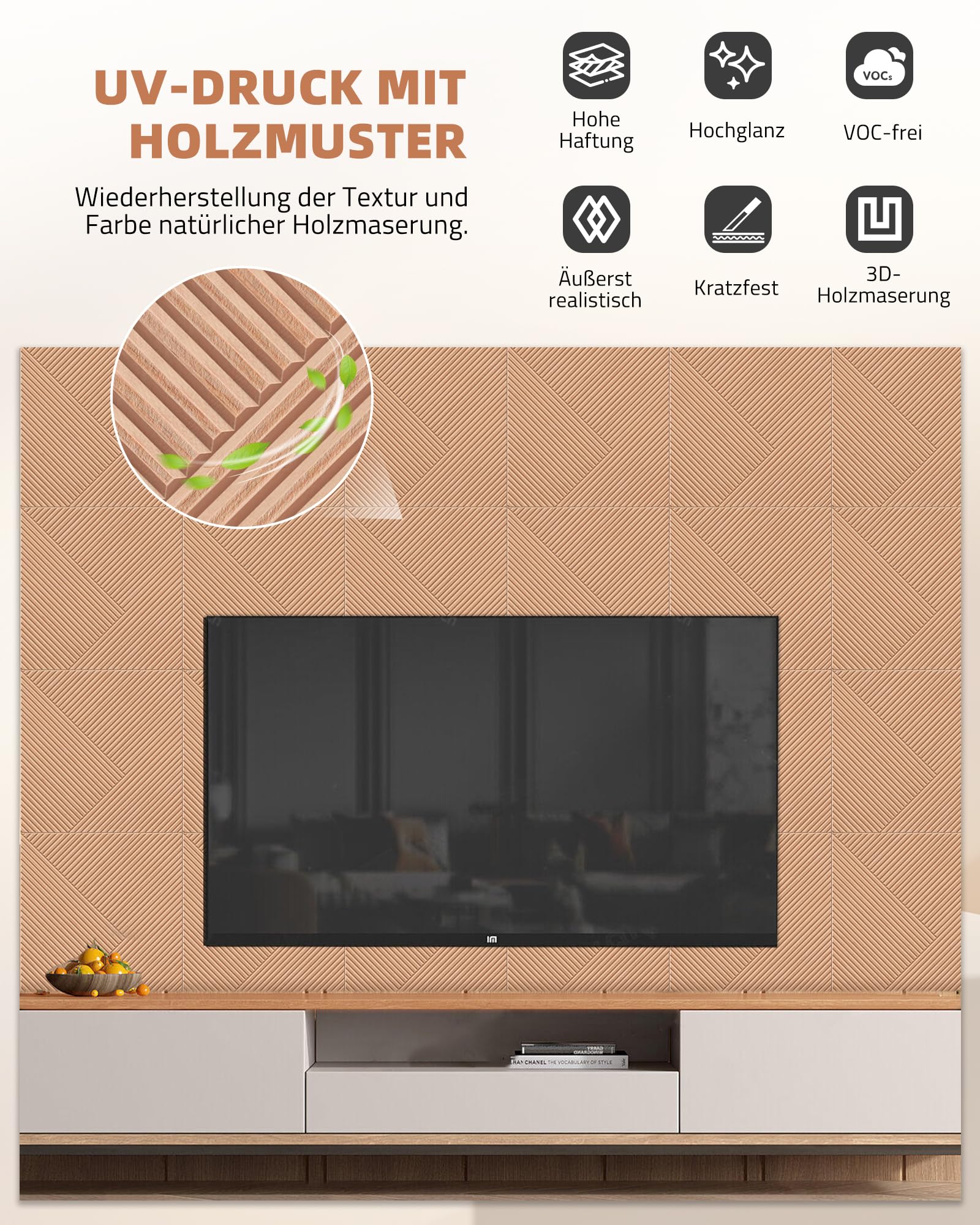 JAMELO Große Akustikpaneele mit Holzmusterdruck - 6 Stk. 60 x 60cm -2.16m² | auf Filz für Studio und Zuhause