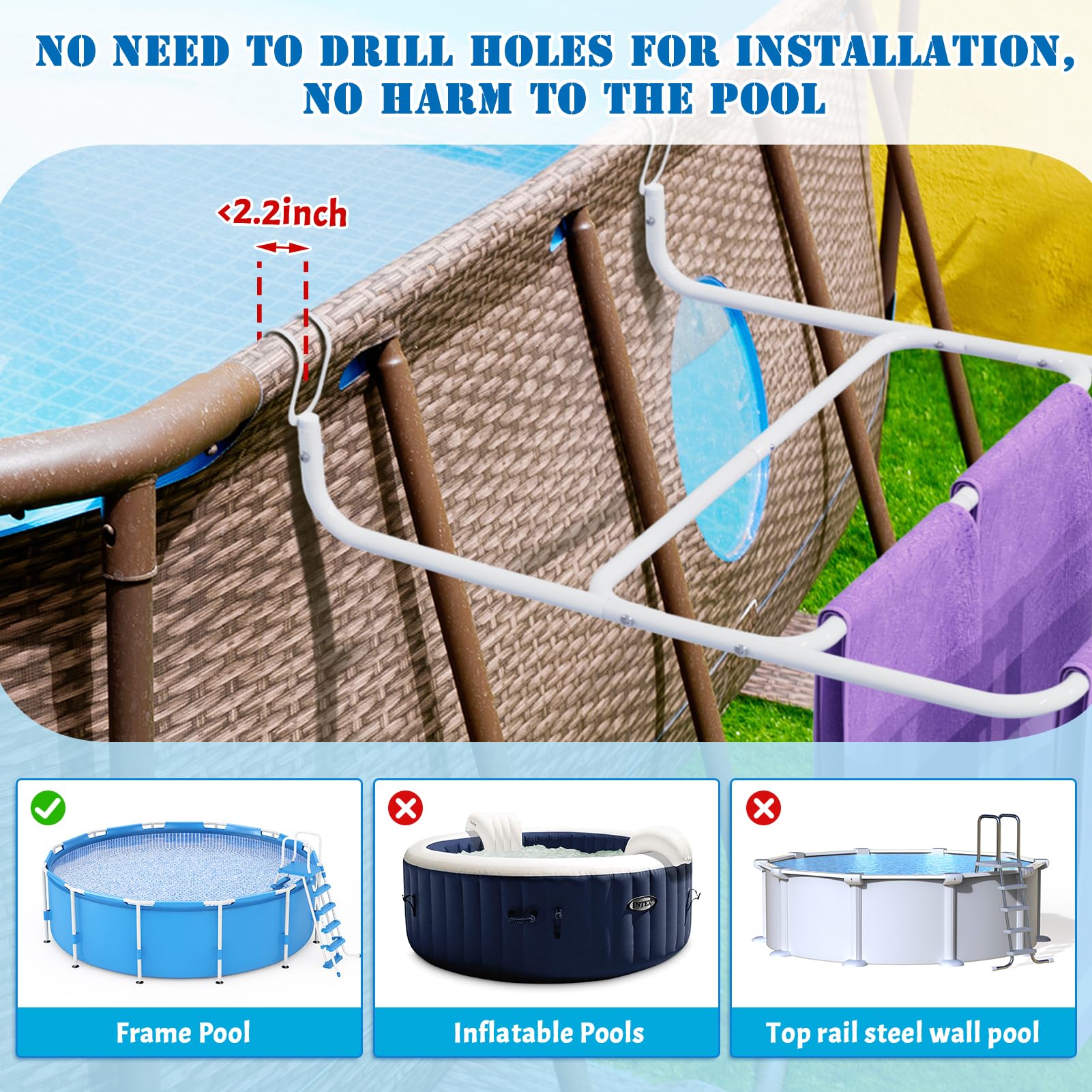 Porte-serviettes De Piscine, 3 Barres En Métal Pour L'extérieur, 52,3 Cm De Large, Très Résistant à Suspendre Pour Piscine Hors Sol