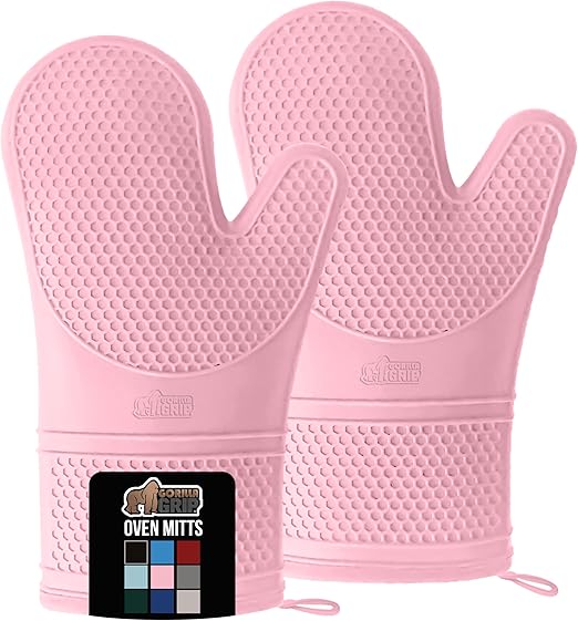 GORILLA GRIP Heat Resistant Durable Silicone Oven Mitts, BPA-Free Protective Grilling Potholders, Soft Cotton Lining, Flexible Waterproof Cooking Mitt Set, Kitchen Home Essentials, 12.5x8.3, Pink