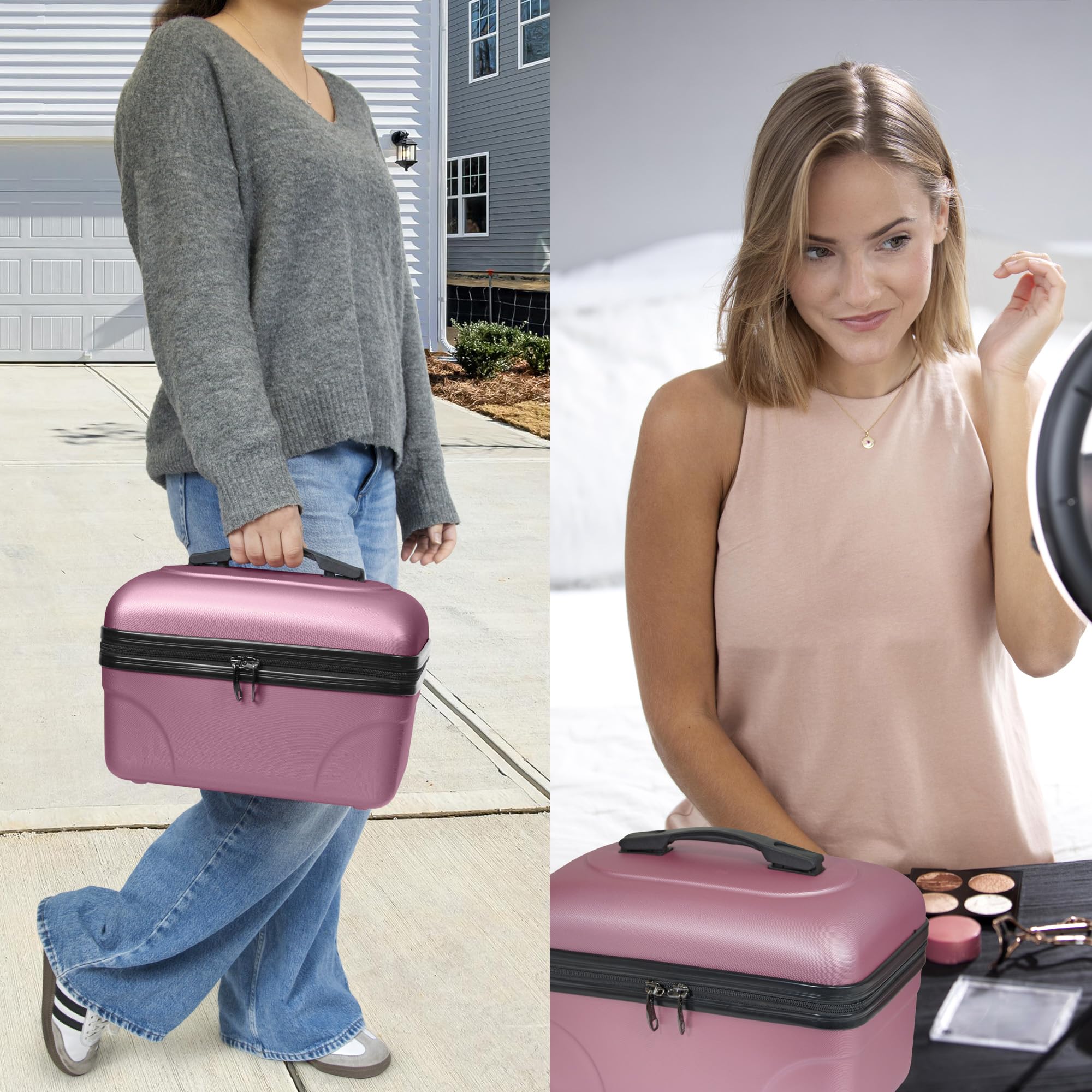 KINSTON Vanity Cosmetici Trousse di Toilette, Rigido con Maniglia, Organizzatore di Viaggio, Scatola di Immagazzinaggio - Grande Capacità (Rosa/Grande Modello)