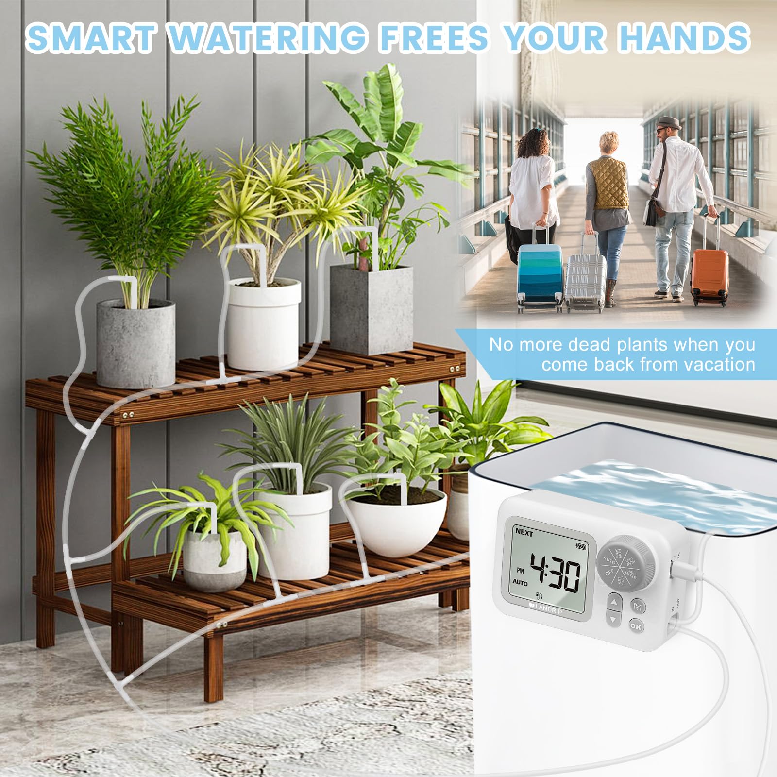 Landrip Sistema de Riego Automático, Riego Automatico Macetas para 15 Plantas en Maceta, Kit de Riego por Goteo Automático Recargable para Plantas de Interior, Balcón, Riego de Vacaciones