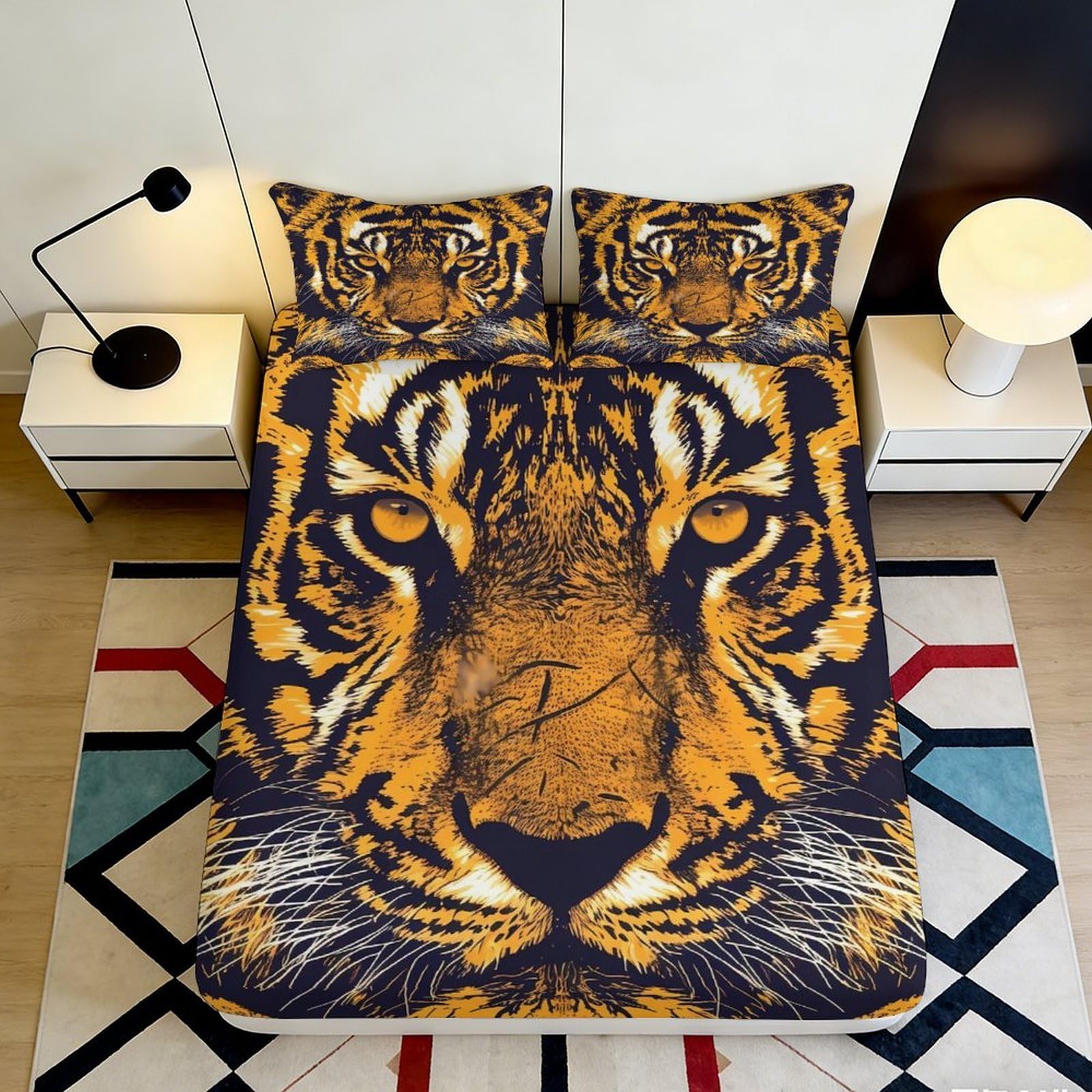 3D Printed Tiger Pattern Fitted Sheet Microfiber Non-Slip Deep Pocket Tiger Mattress Fitted Cover Bedroom 140x200x25cm
