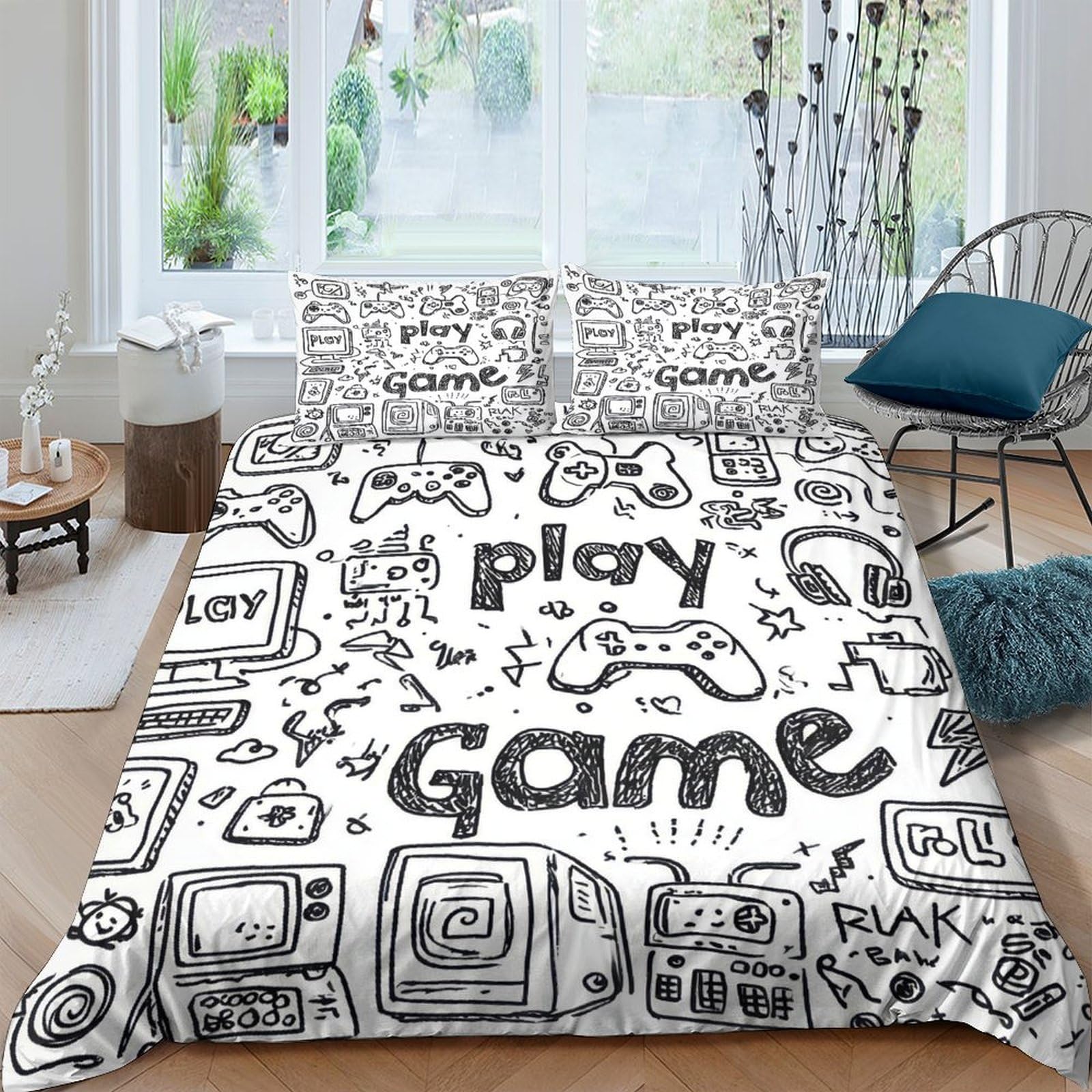 Ctjqhvkz Style-3 3D Printed Cartoon Game Fitted Sheet Microfiber Soft Black White Graffiti Bed Sheet For Bedroom Dorm Decor Single（135X200cm）