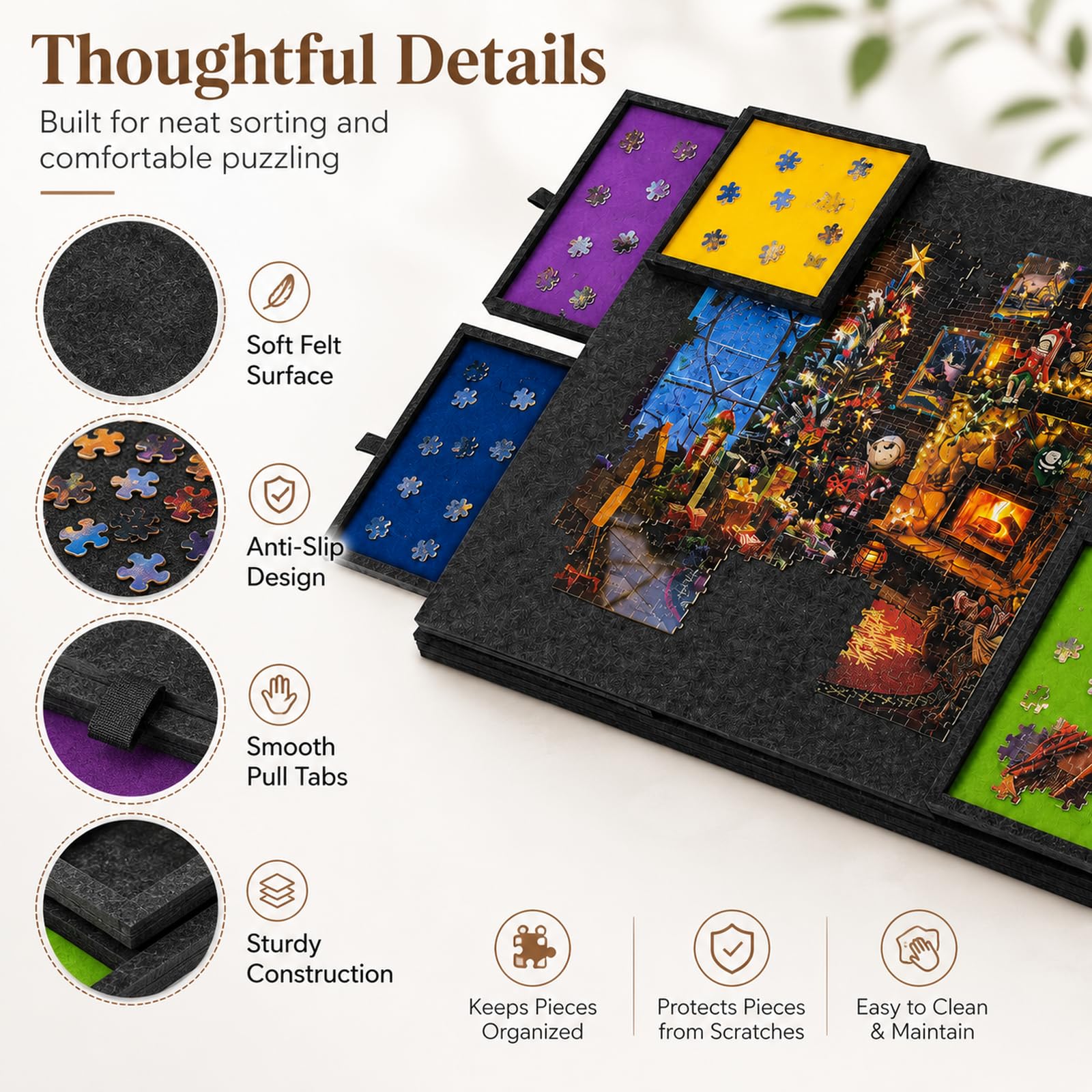 Plateau de Puzzle inclinable, 1000 pièces, 6 tiroirs, Couvercle | Support 2-en-1, surface en feutre ultralégère, rangement par couleurs, transport facile, pour adultes
