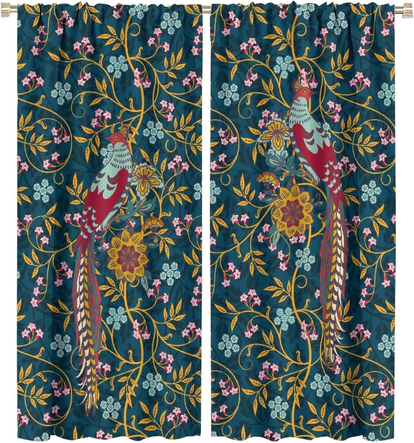 Mid Century William Morris Art Blackout Curtains for Bedroom,Vintage Colorful Boho Floral Peacock Bird Rod Pocket Thermal Insulated Room Darkening Curtains 2 Panels 63L x 27.5W