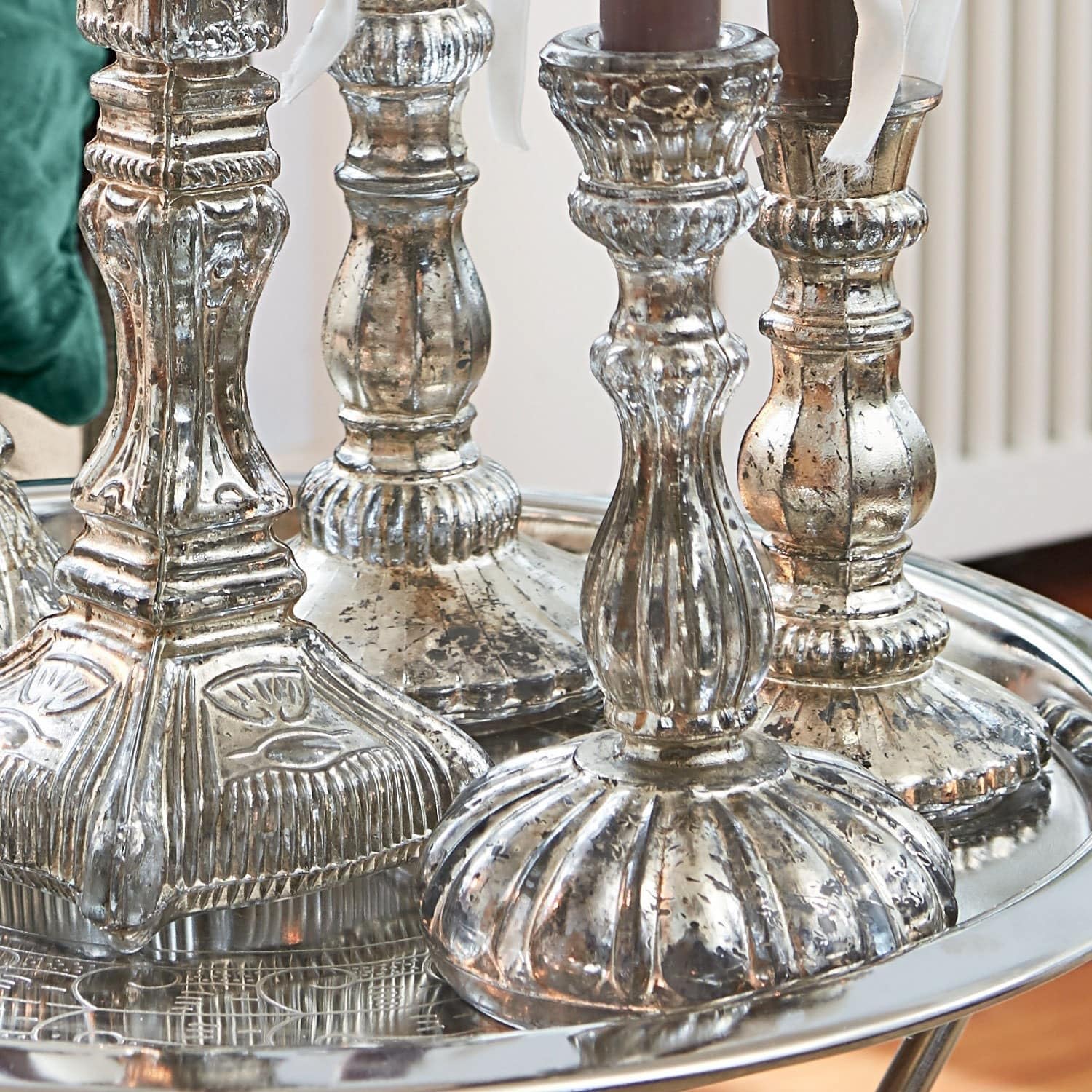 Loberon Kerzenständer 6er Set Adolpha – Romantisches Design, handgefertigt, Antiksilber, Shabby-Chic – Glas, antiksilber | Romantisches Design, handgefertigt, Antiksilber, Shabby-Chic, Glas