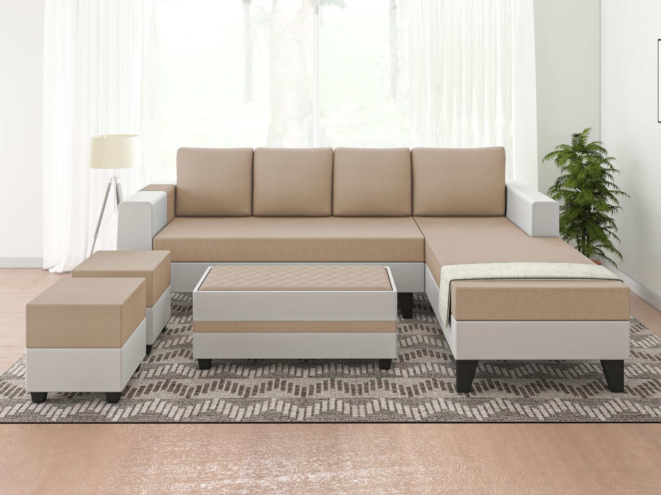 Adorn India Ashley Plain Leatherette Fabric L Shape 8 Seater Sofa Set with 2 Ottoman Puffy & Center Table RHS (Beige & White) (3 Year Warranty)-image-4