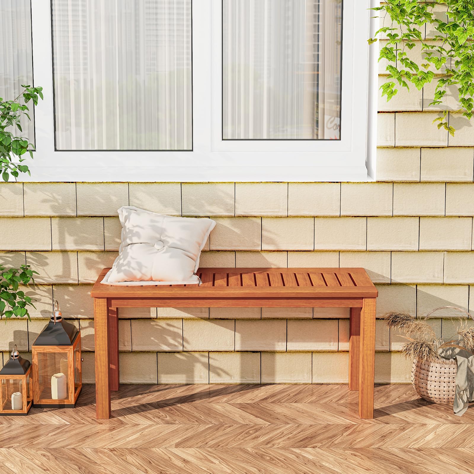 KOMFOTTEU Banco de Jardín de Madera para 2 Personas, 100 x 31 x 47 cm | Banco para Exterior, Asiento de Listones con Acabado de Aceite de Teca, para Patio, Porche