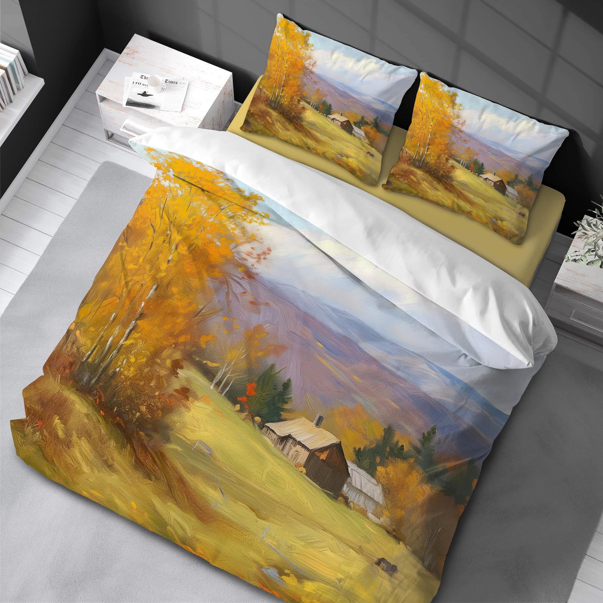 Parure de lit 3 pièces motif arbres d'automne avec housse de couette douce 228x259 cm